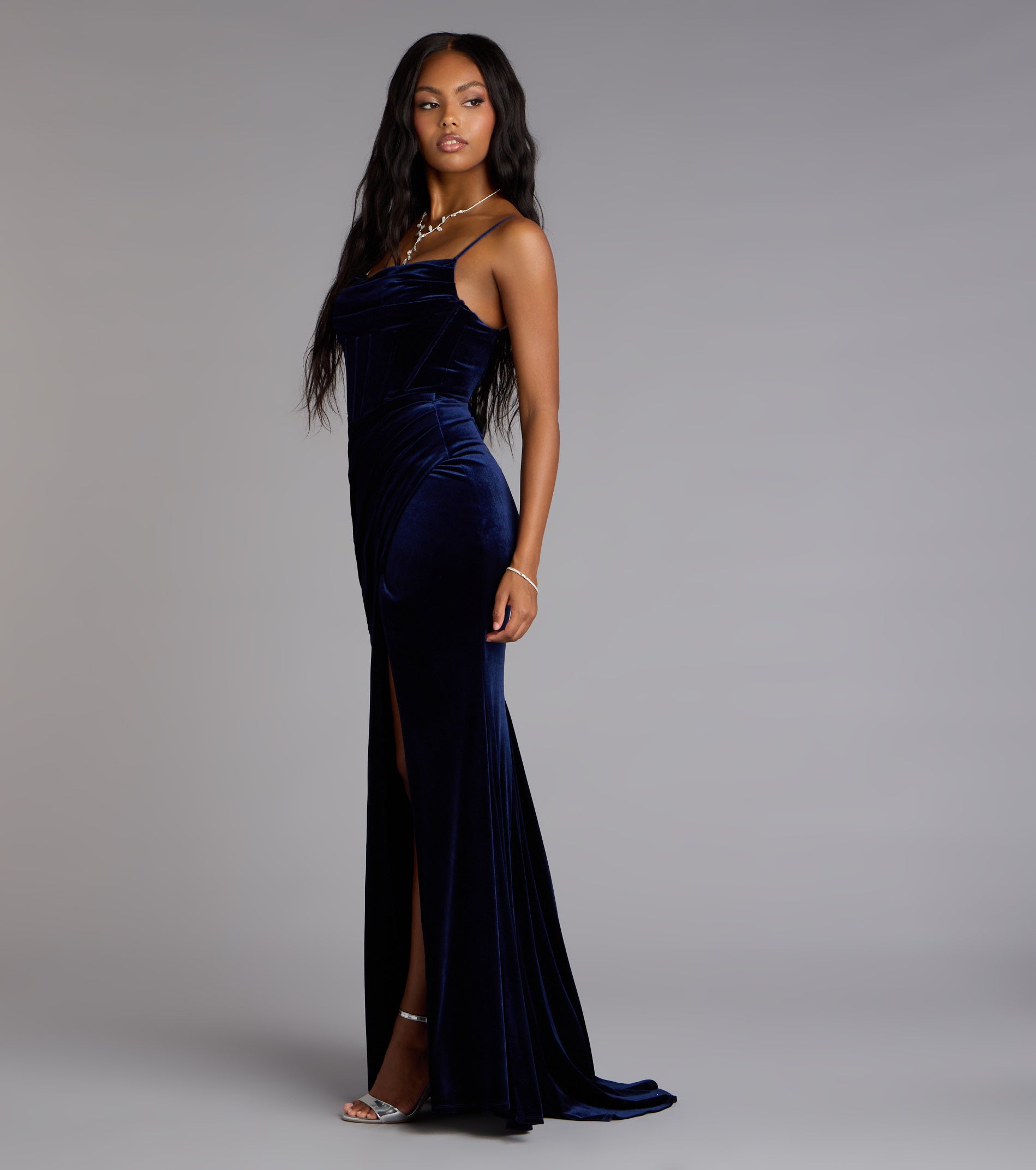 Saylor Velvet Lace-Up Slit Mermaid Formal Dress - NAVY
