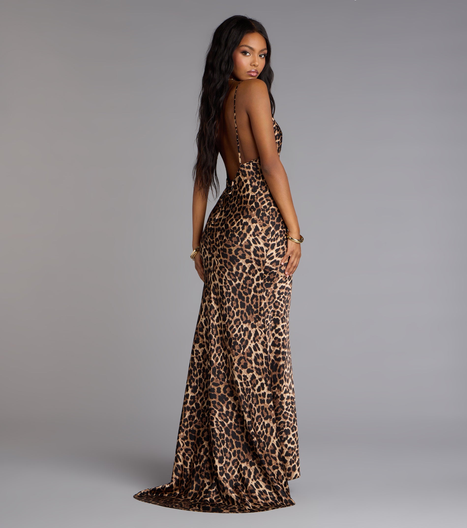 Angelina Leopard Print Satin Mermaid Dress - BROWN