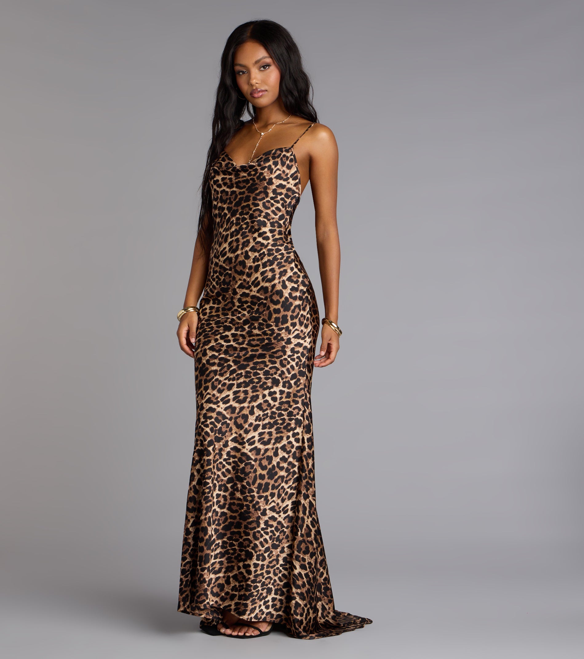 Angelina Leopard Print Satin Mermaid Dress - BROWN