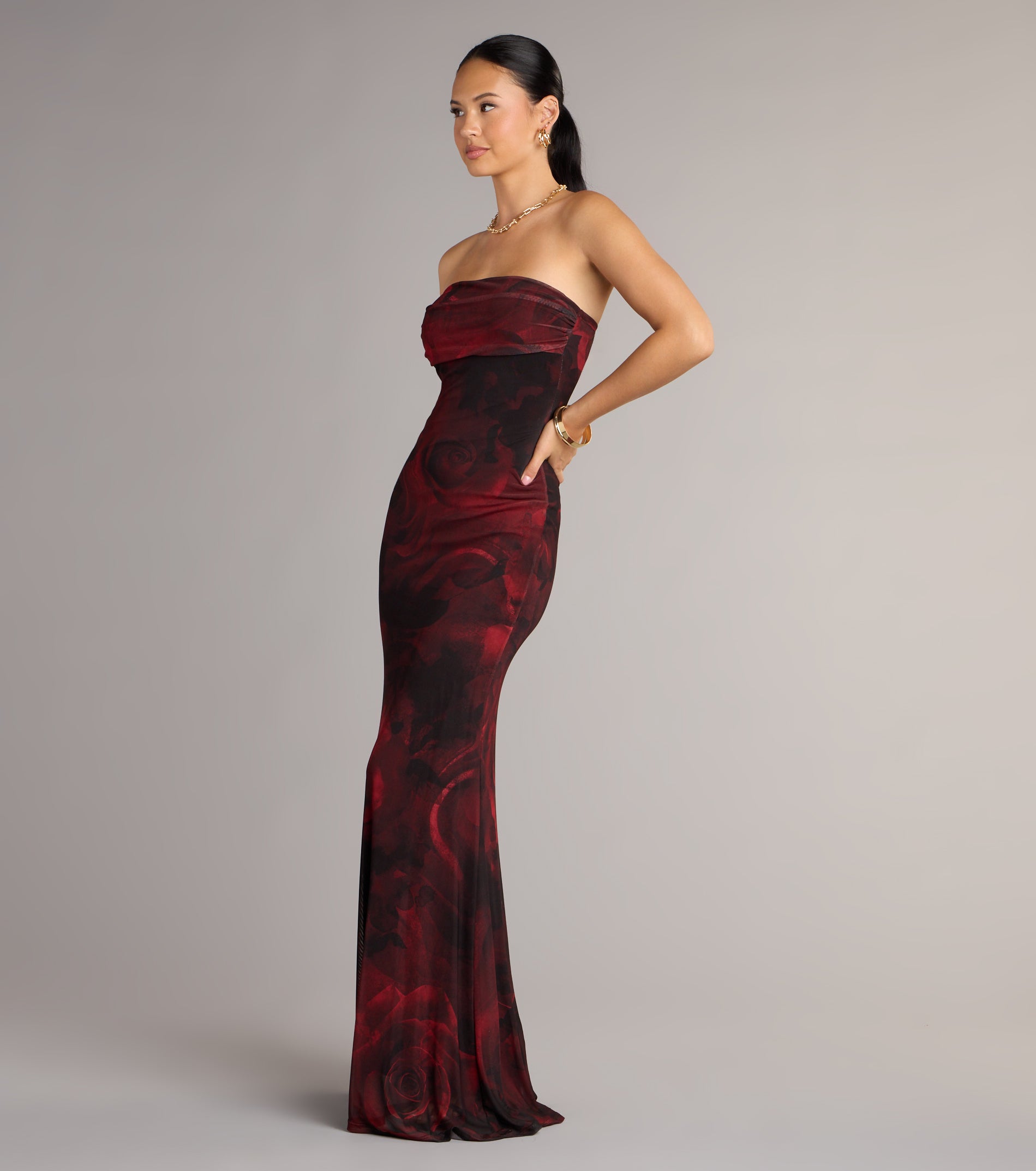 Renata Strapless Abstract Mermaid Formal Dress - RED