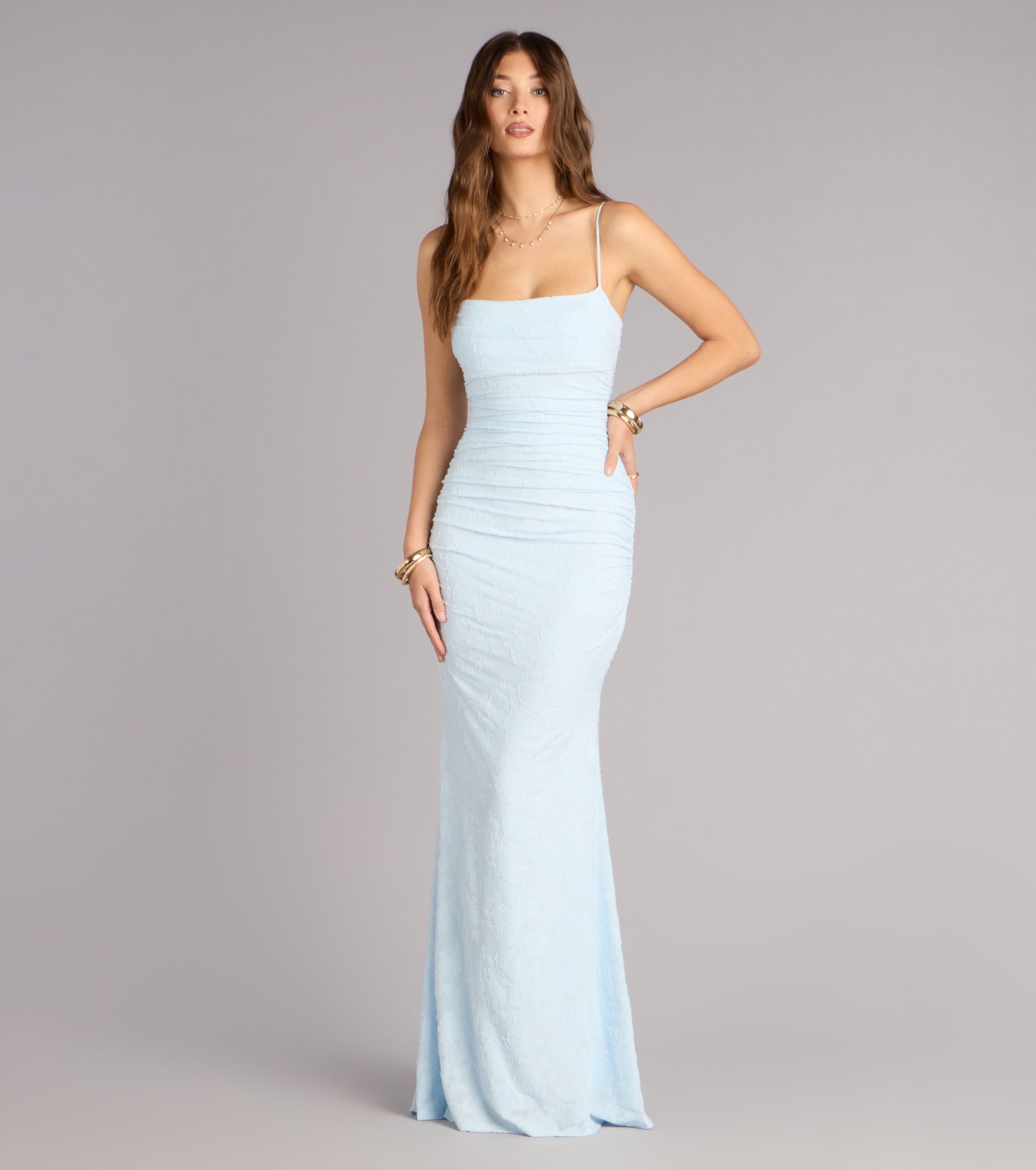 Alba Cowl Neck Mermaid Floral Formal Dress - LIGHT BLUE