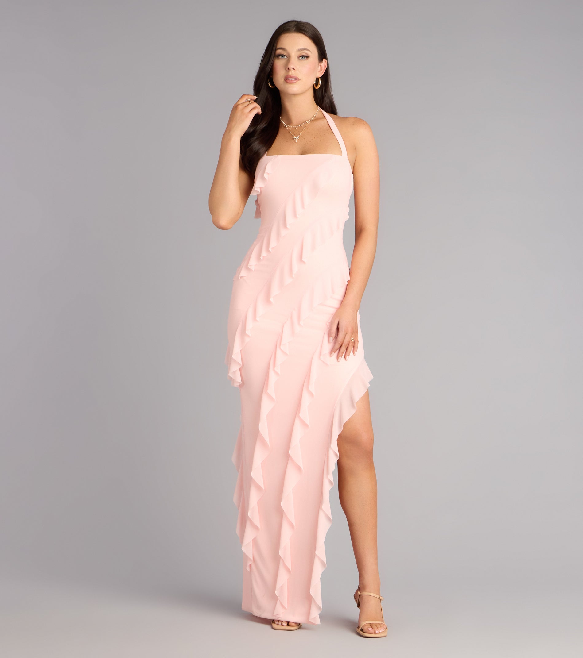 Blake Mesh Halter Slit Ruffle Formal Dress - PINK