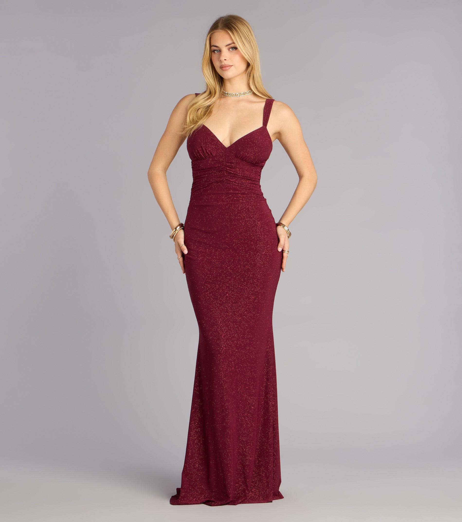 Bailey Glitter Low Back Mermaid Formal Dress - WINE
