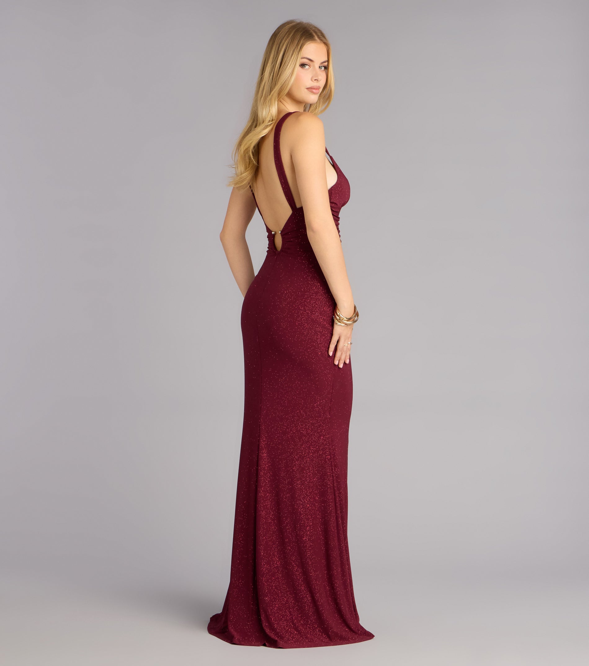 Bailey Glitter Low Back Mermaid Formal Dress - WINE