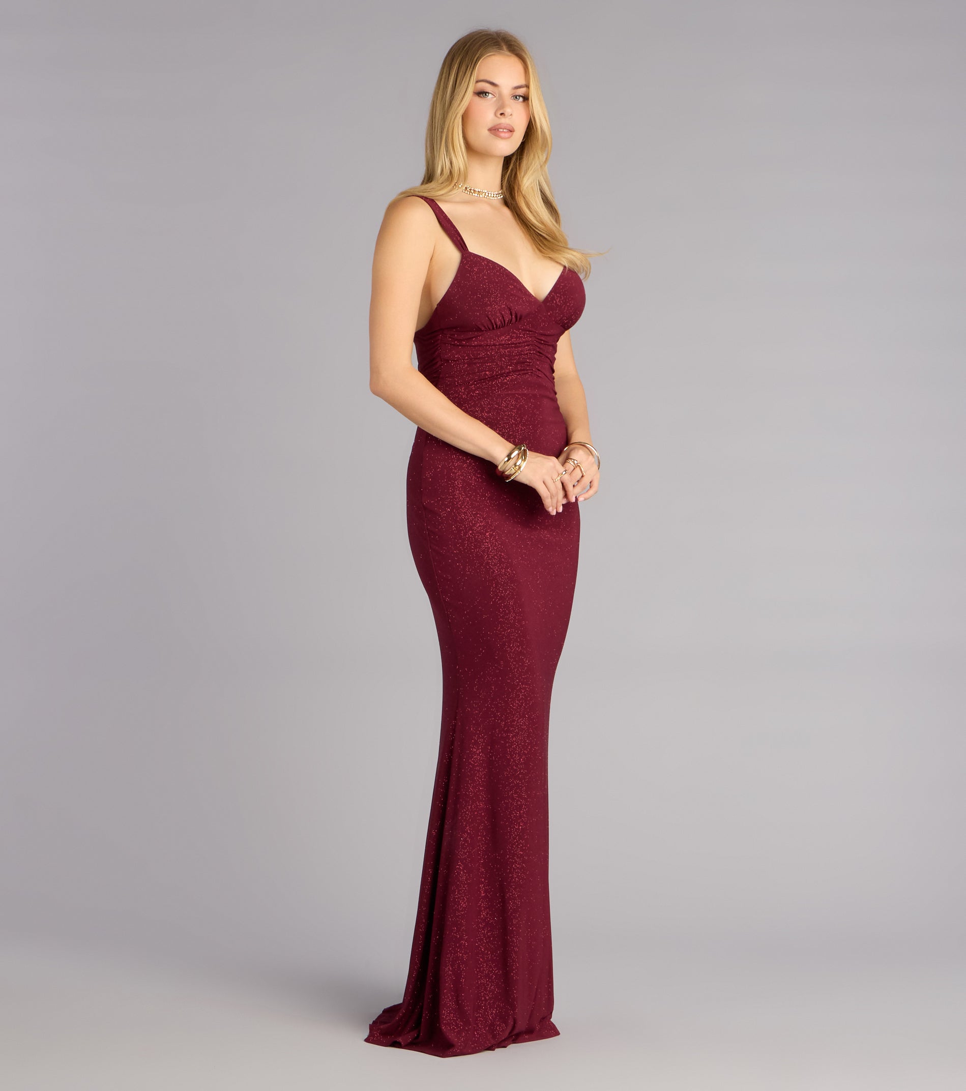 Bailey Glitter Low Back Mermaid Formal Dress - WINE