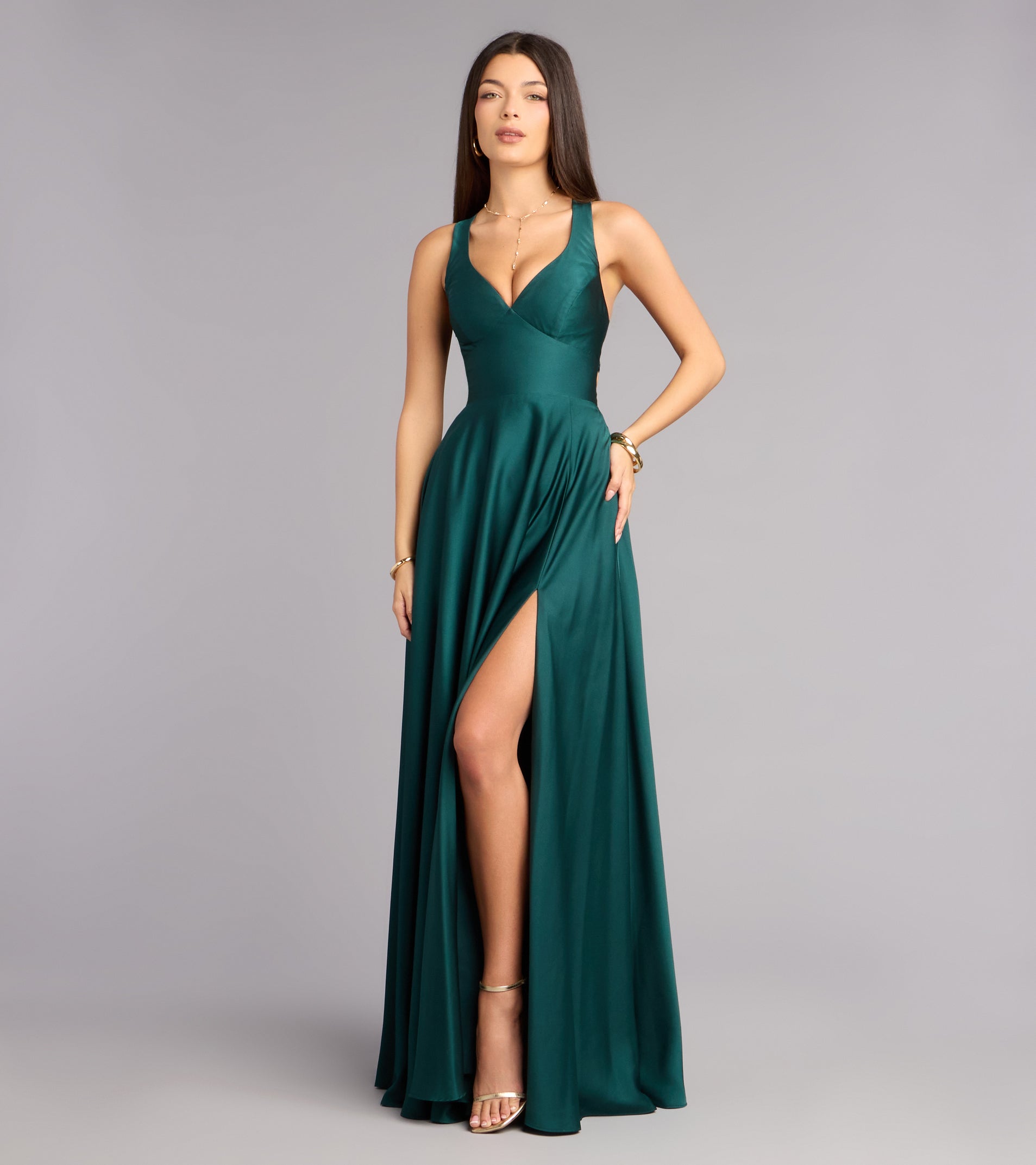 Abbey Lace-Up Slit A-Line Satin Formal Dress - HUNTER