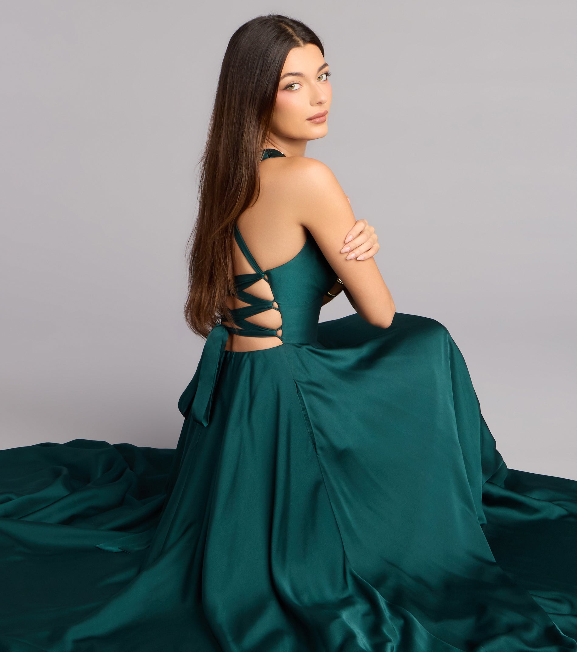Abbey Lace-Up Slit A-Line Satin Formal Dress - HUNTER