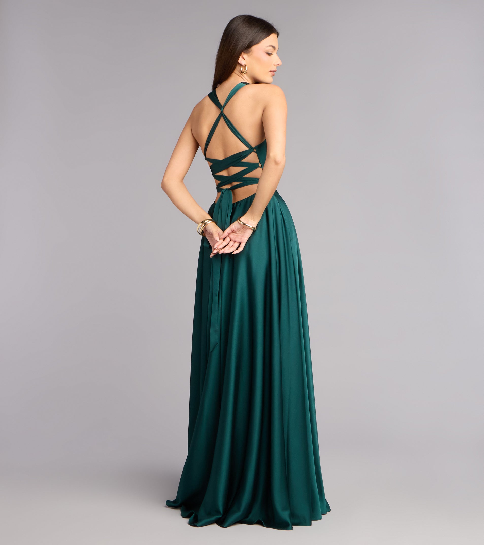 Abbey Lace-Up Slit A-Line Satin Formal Dress - HUNTER
