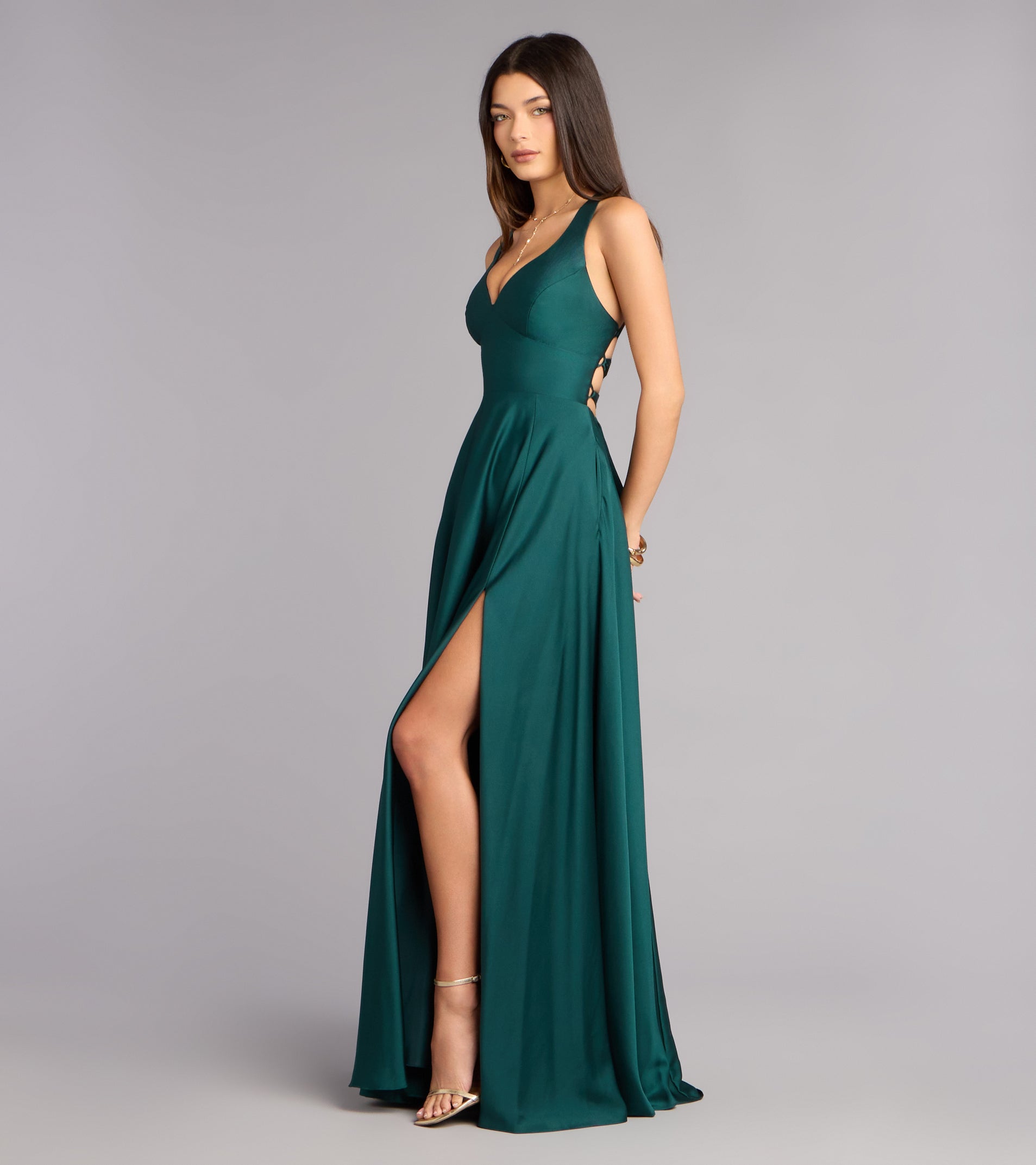 Abbey Lace-Up Slit A-Line Satin Formal Dress - HUNTER