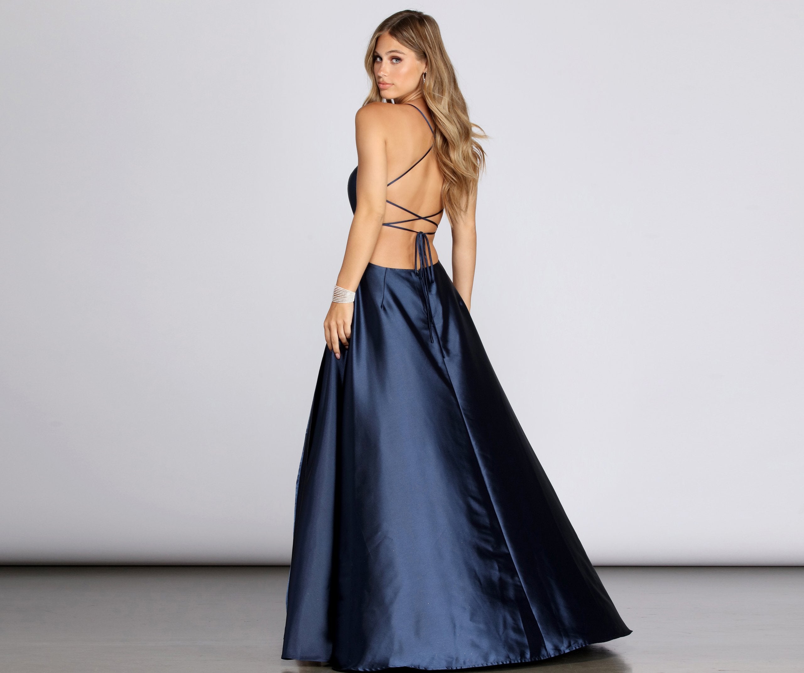 Anne Formal Lattice Satin Dress - NAVY