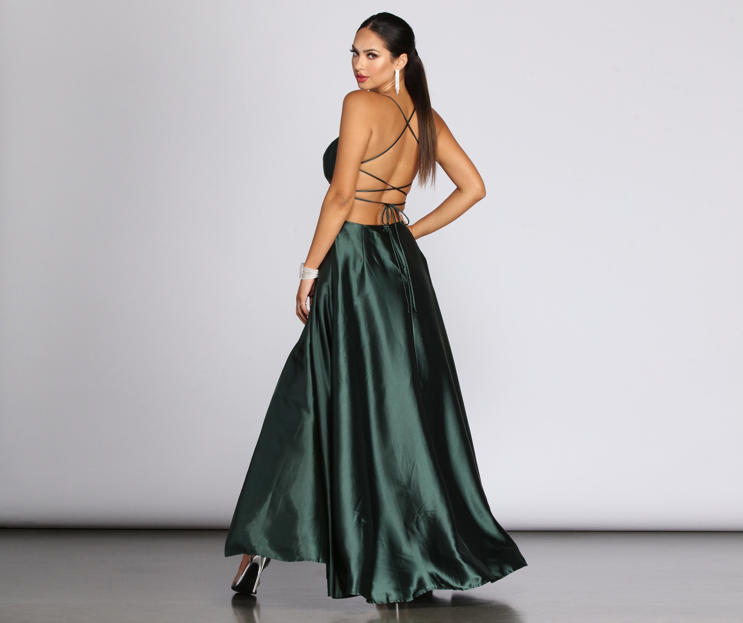 Anne Formal Lattice Satin Dress - EMERALD