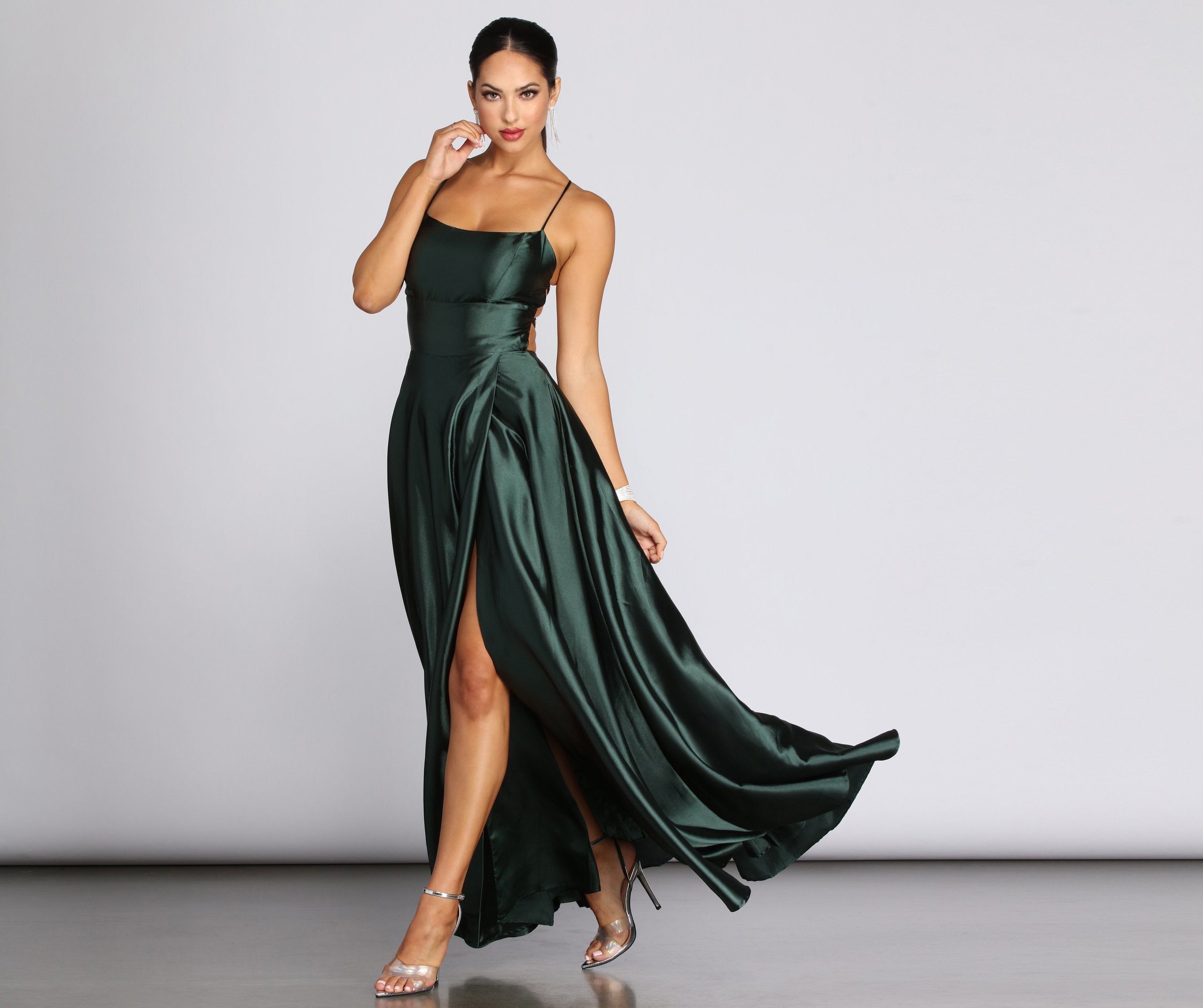 Anne Formal Lattice Satin Dress - EMERALD