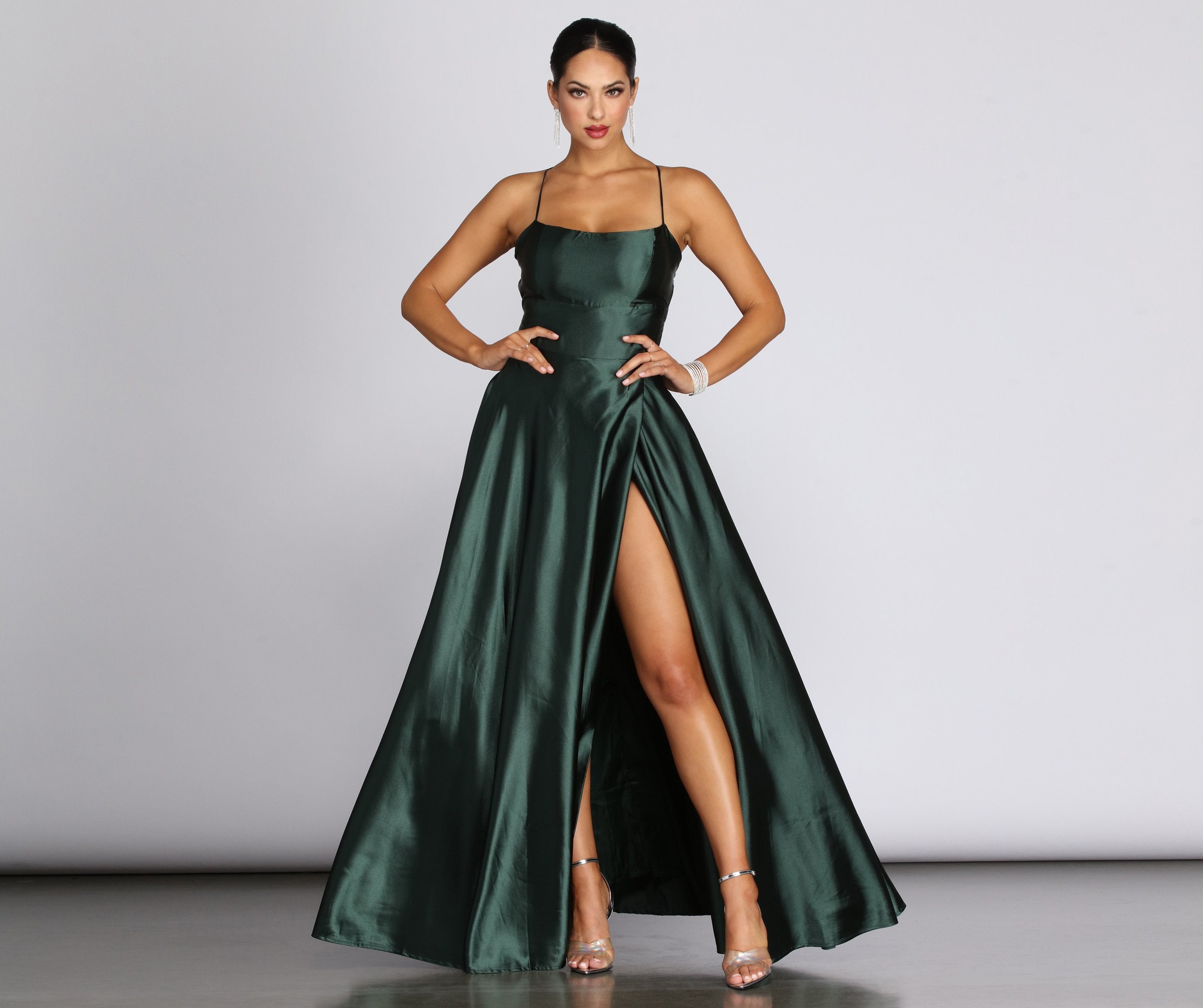 Anne Formal Lattice Satin Dress - EMERALD