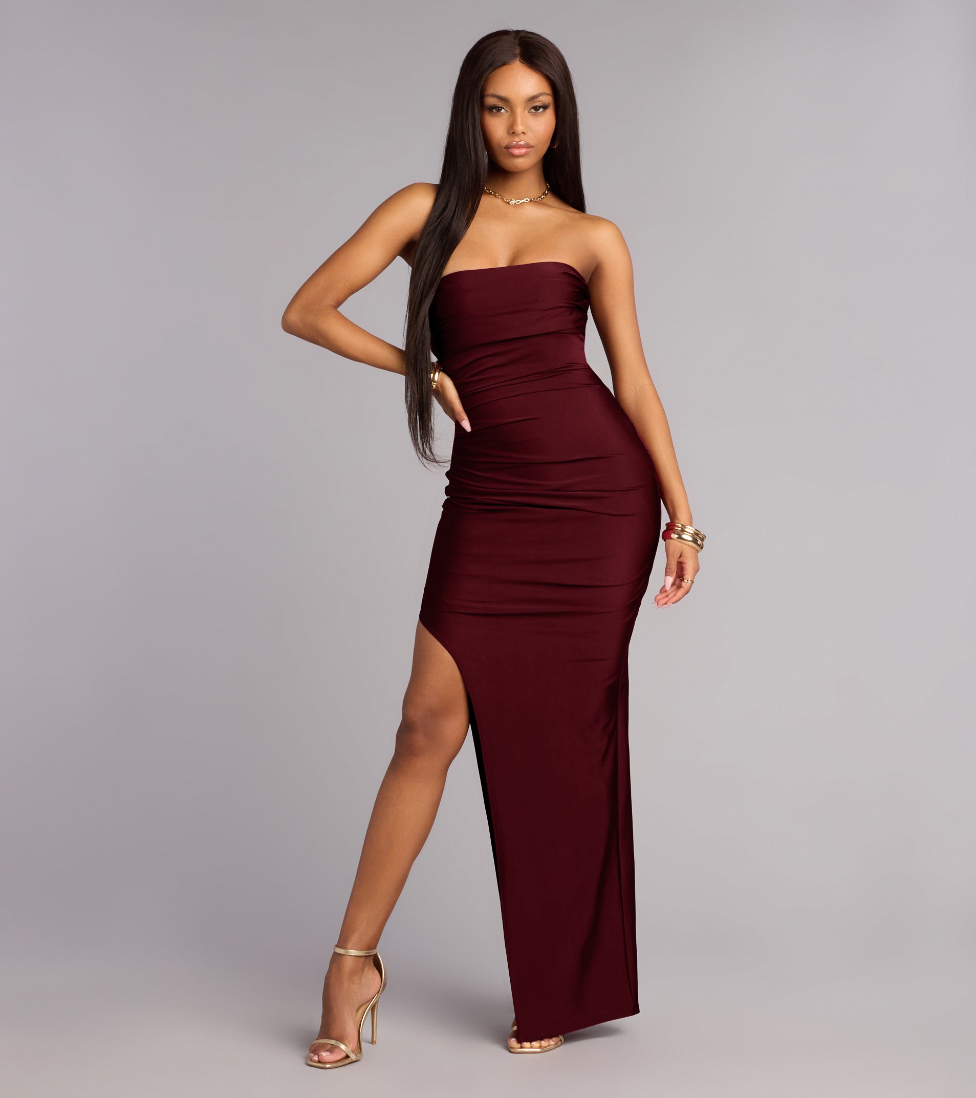 Anisley Strapless High Slit Column Formal Dress - BURGUNDY