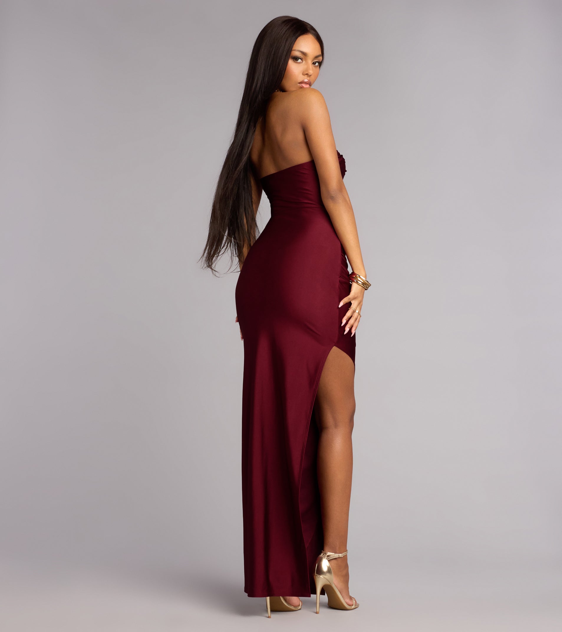 Anisley Strapless High Slit Column Formal Dress - BURGUNDY