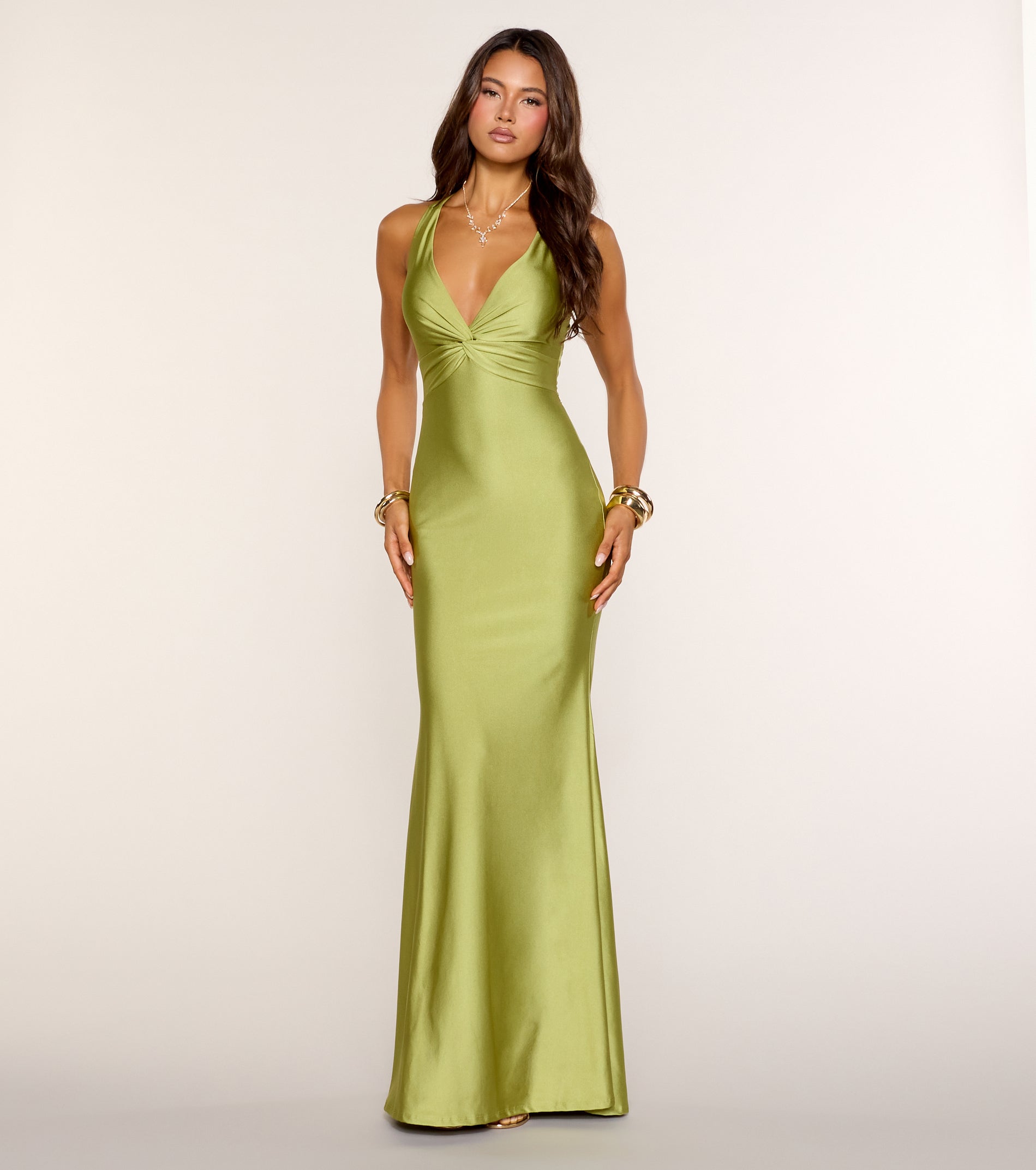 Adrianne Plunge Bow Mermaid Formal Dress - SAGE