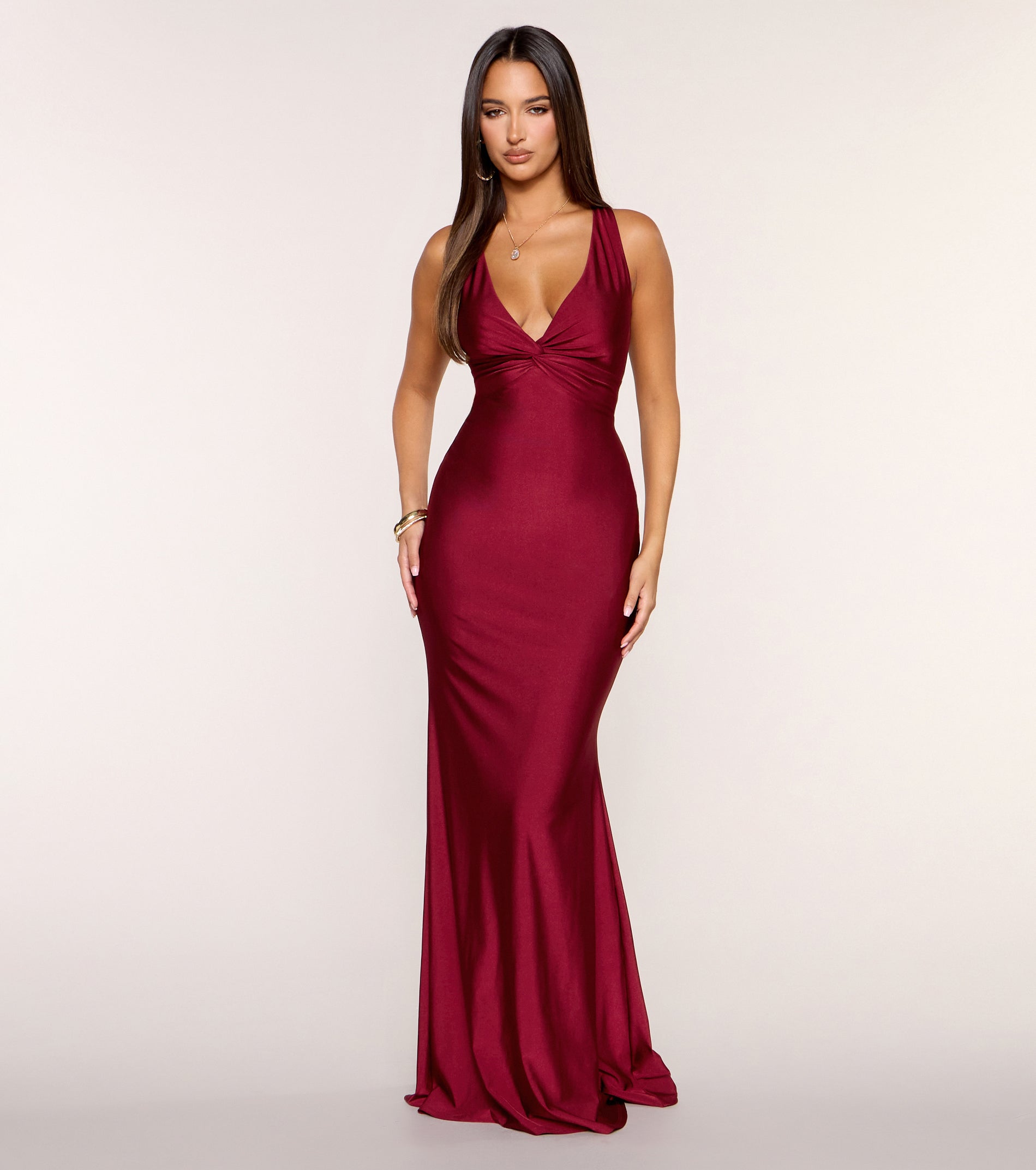 Adrianne Plunge Bow Mermaid Formal Dress - BURGUNDY