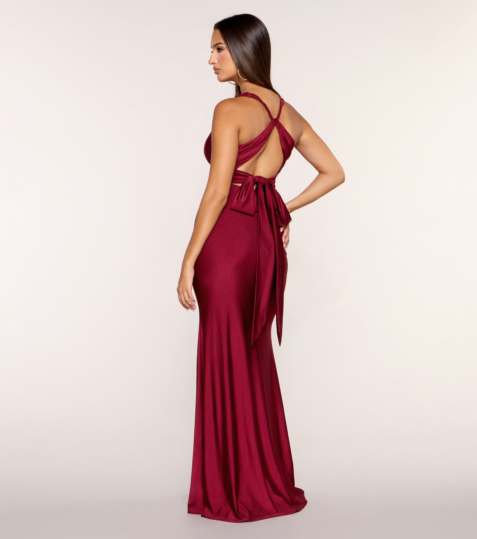Adrianne Plunge Bow Mermaid Formal Dress - BURGUNDY