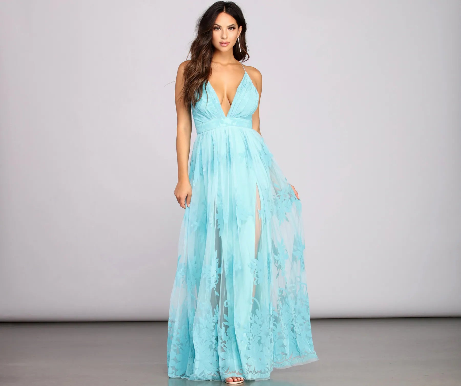 Morgan Formal Flocked Velvet Dress - LIGHT BLUE