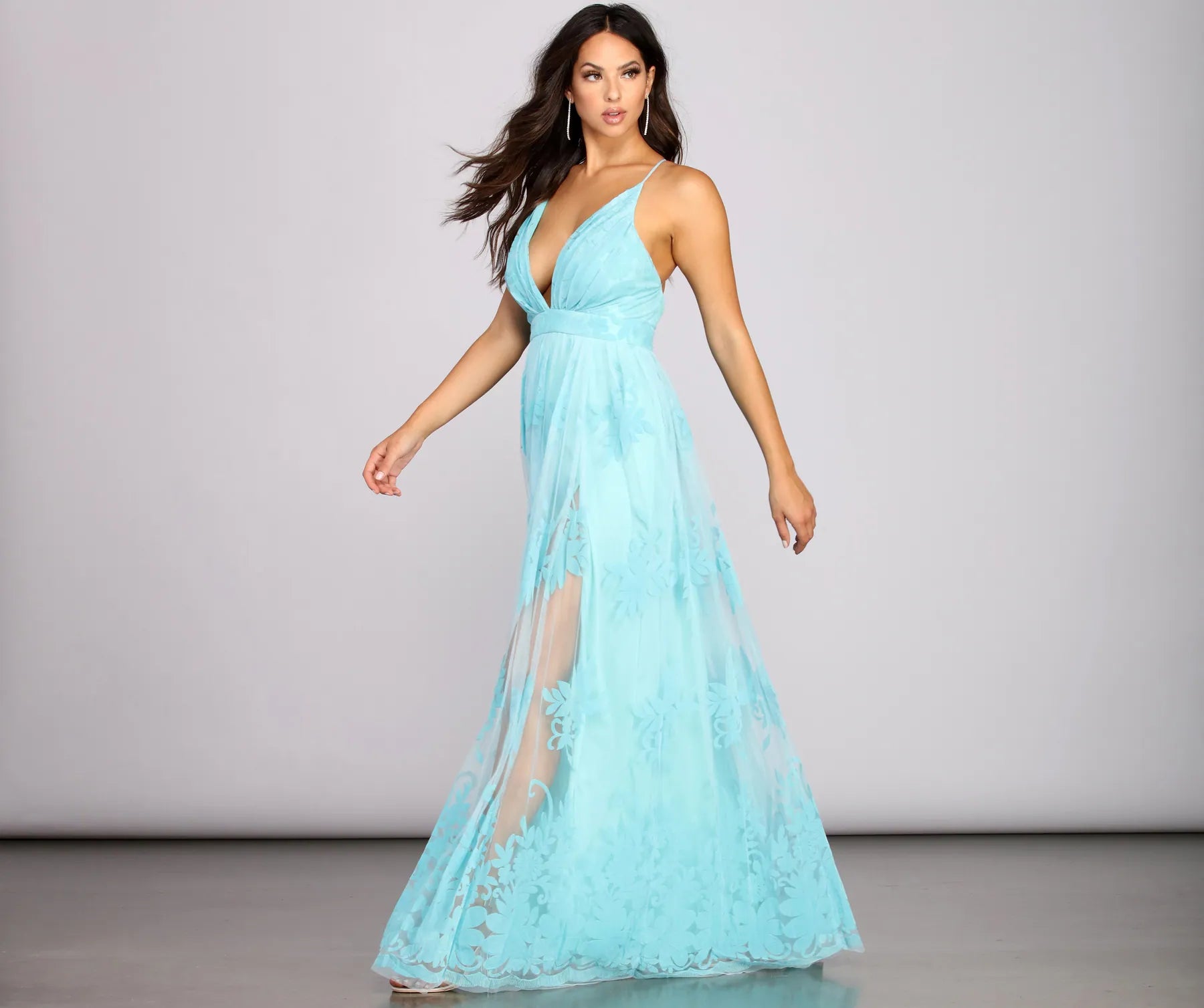 Morgan Formal Flocked Velvet Dress - LIGHT BLUE
