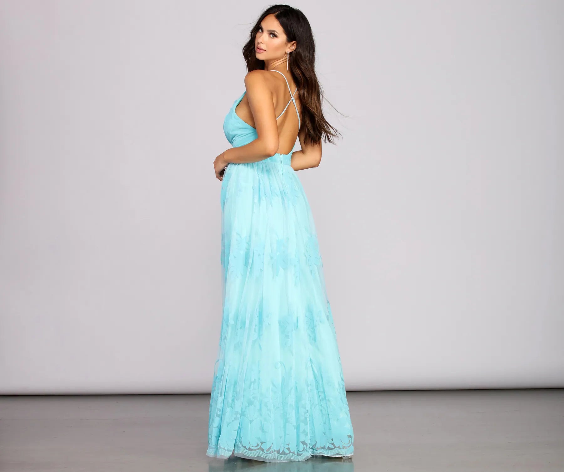 Morgan Formal Flocked Velvet Dress - LIGHT BLUE