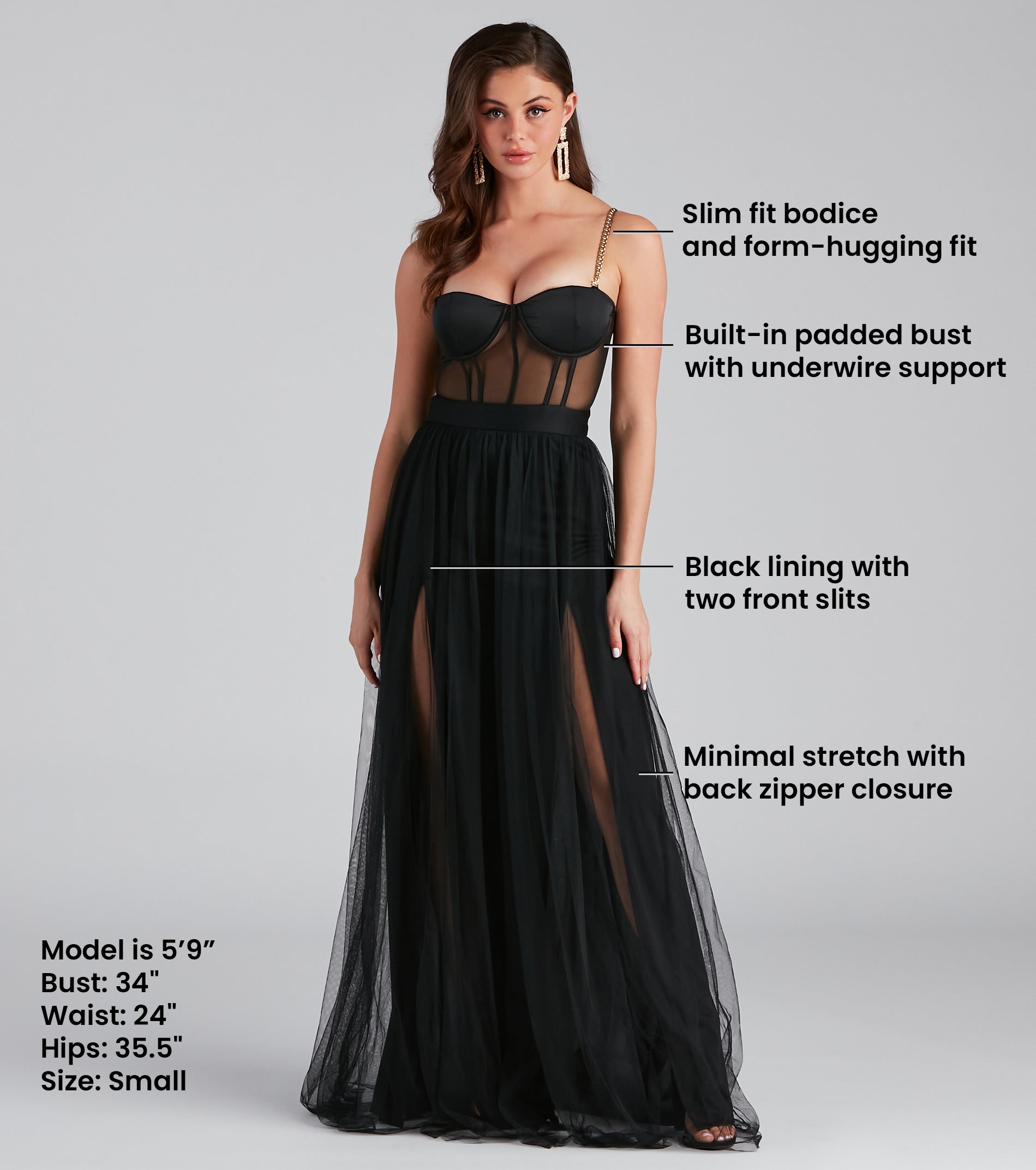 Cintra Mesh Tulle Bustier Gown - BLACK