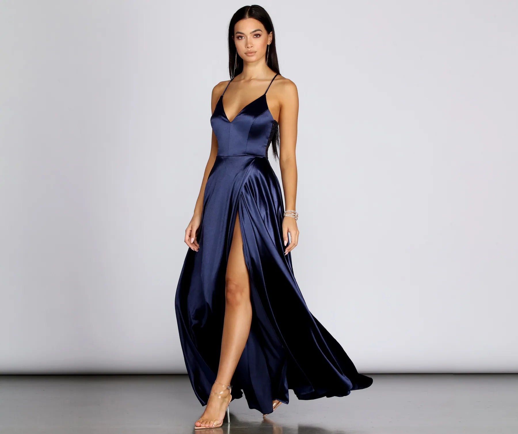 Blake Lace Back Satin Dress - NAVY