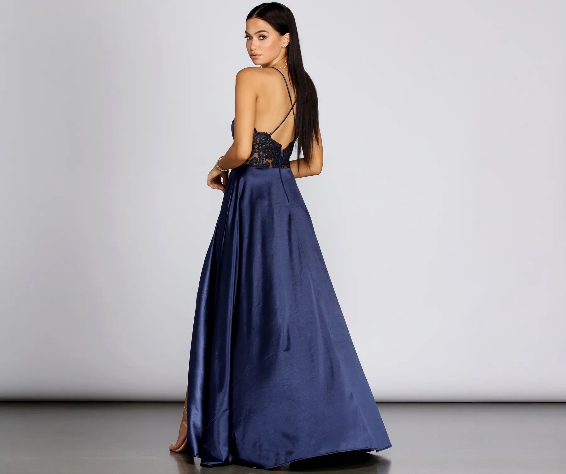 Blake Lace Back Satin Dress - NAVY