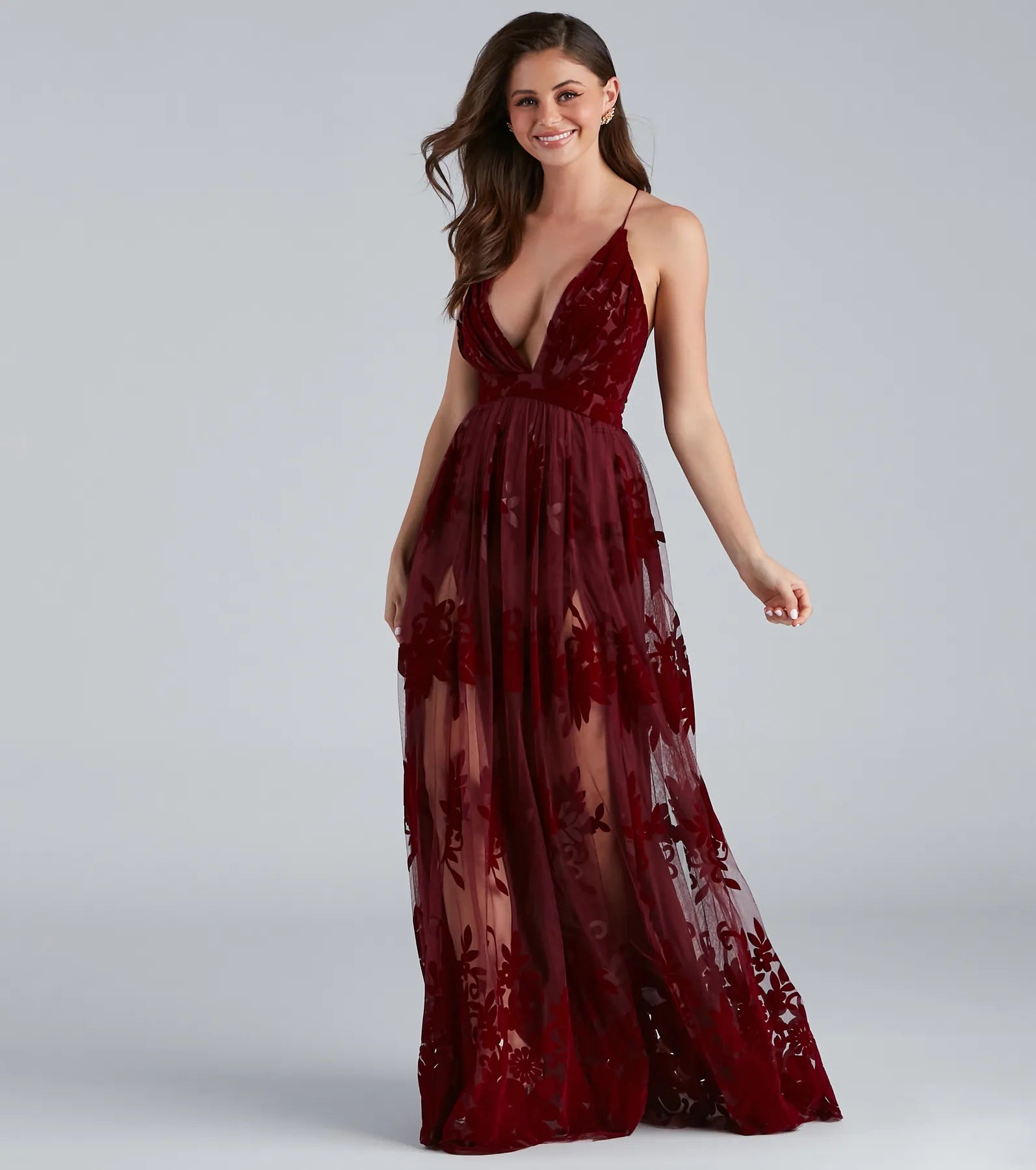 Morgan Formal Flocked Velvet Dress - BURGUNDY