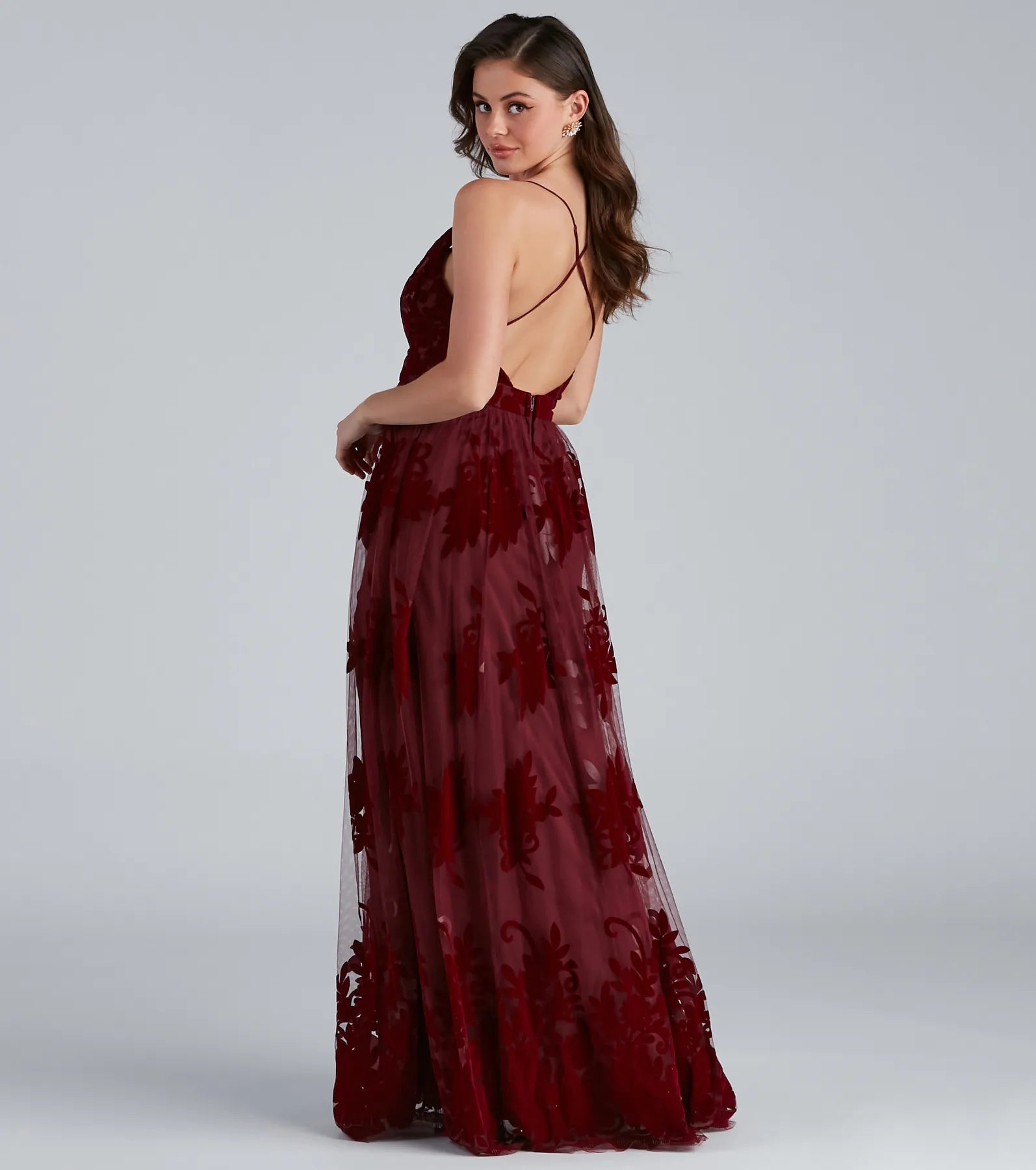 Morgan Formal Flocked Velvet Dress - BURGUNDY