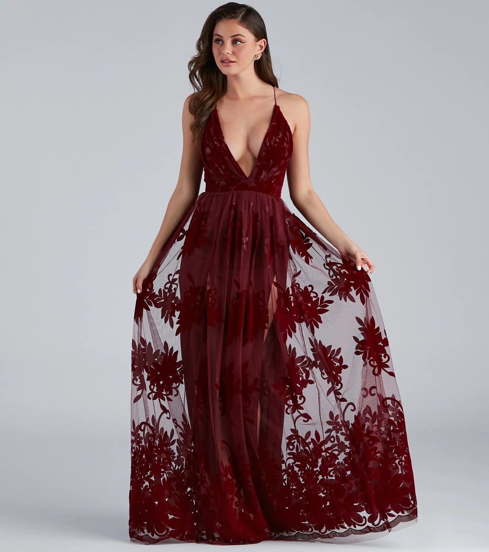 Morgan Formal Flocked Velvet Dress - BURGUNDY