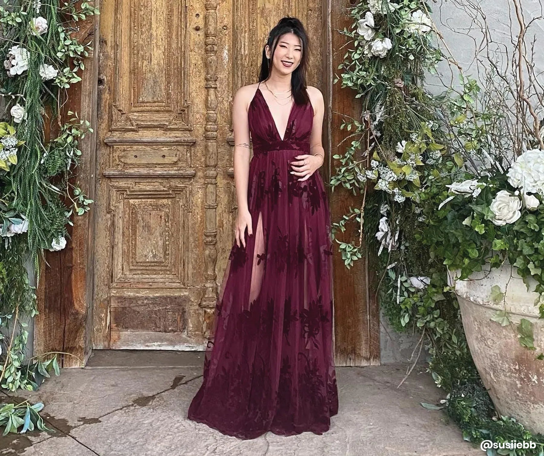 Morgan Formal Flocked Velvet Dress - BURGUNDY