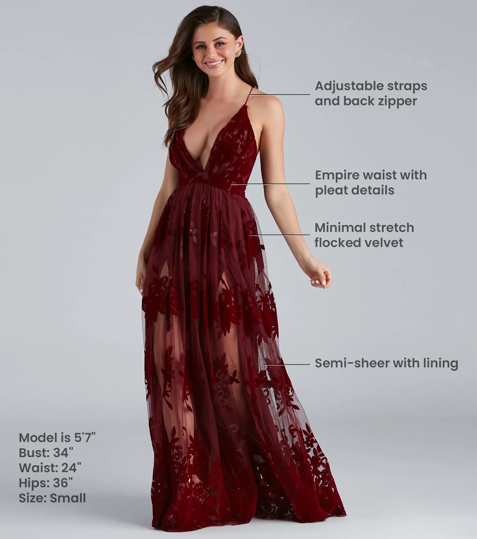 Morgan Formal Flocked Velvet Dress - BURGUNDY