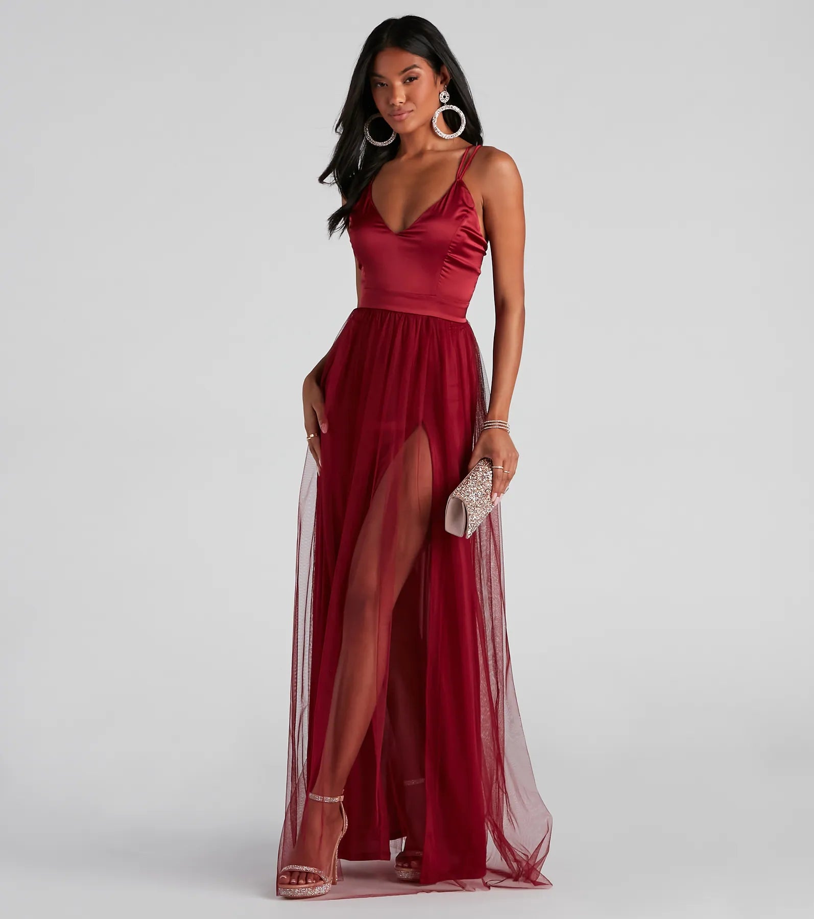 Haisley Formal Tulle And Satin Dress - BURGUNDY