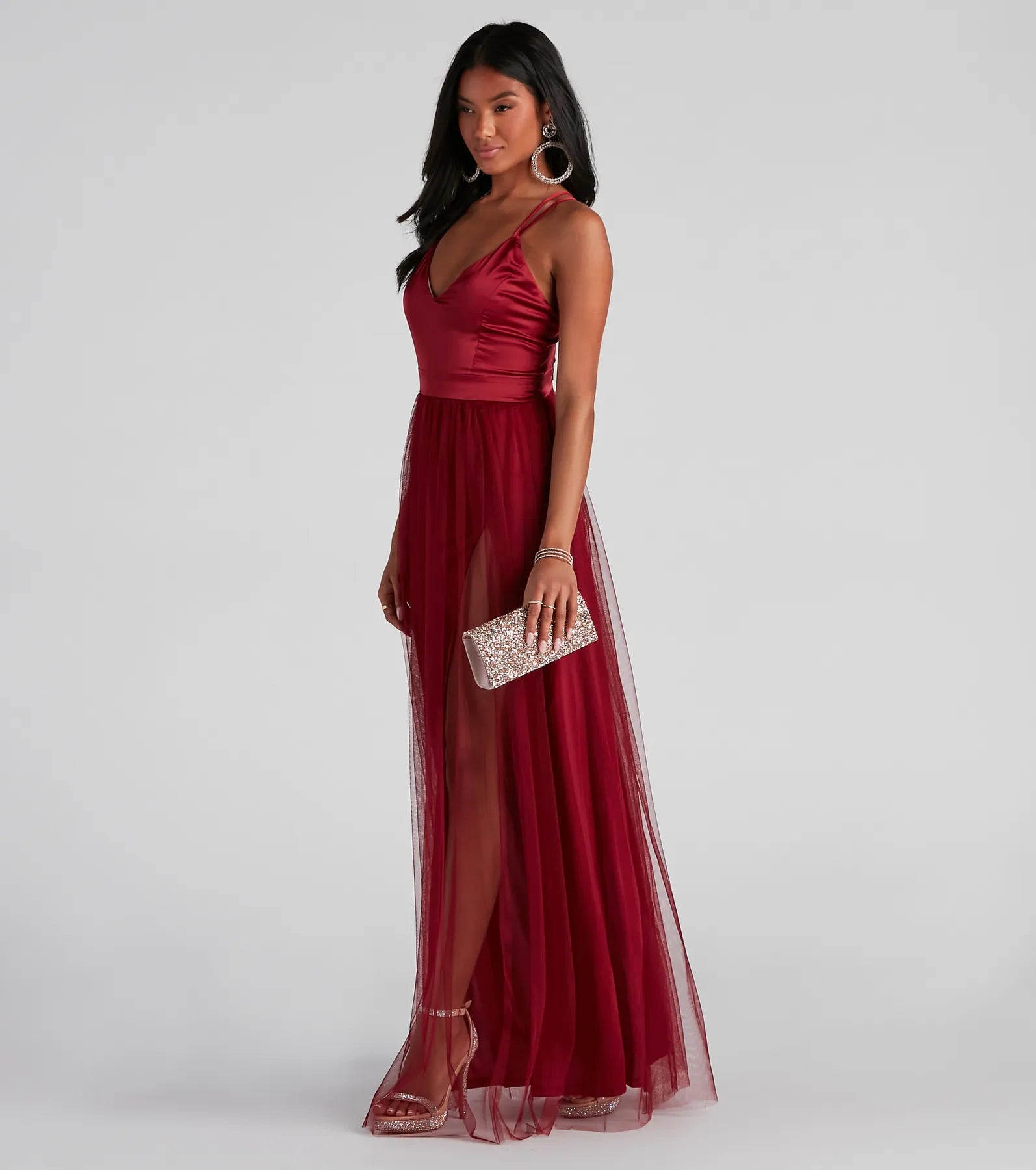 Haisley Formal Tulle And Satin Dress - BURGUNDY