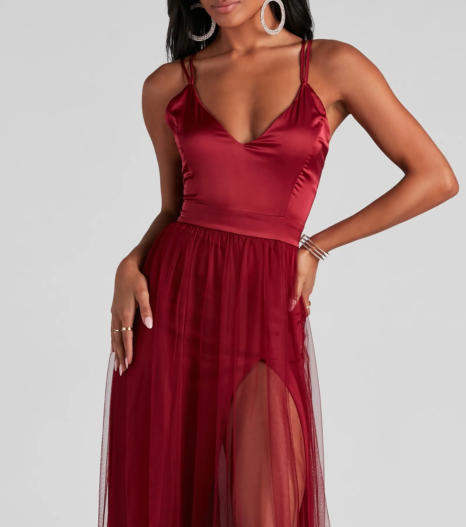 Haisley Formal Tulle And Satin Dress - BURGUNDY