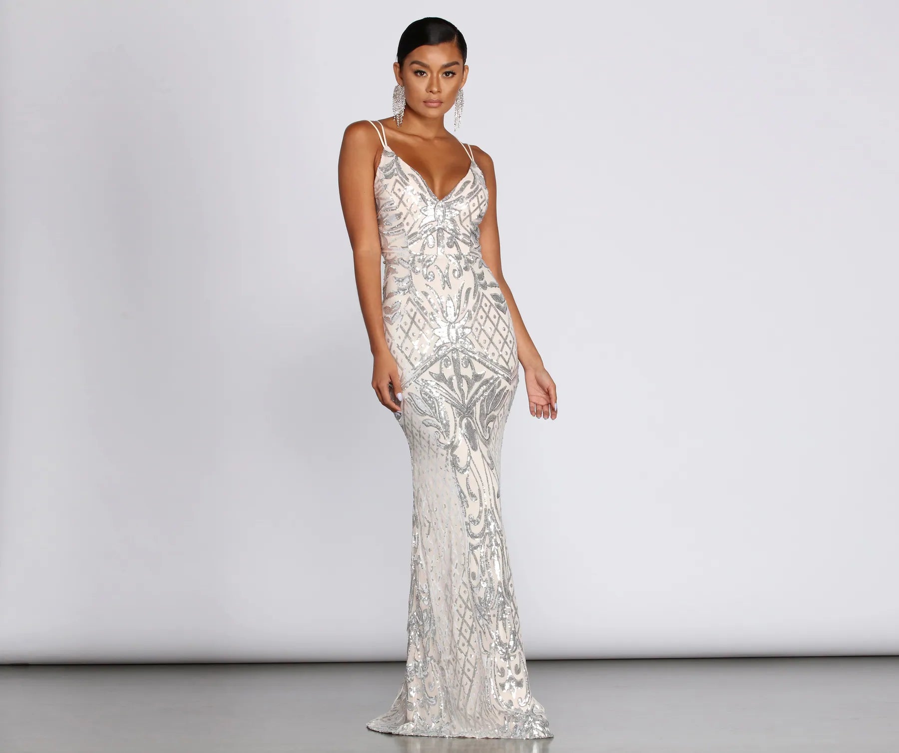 Ginger Sequin Mesh Strappy Gown - SILVER