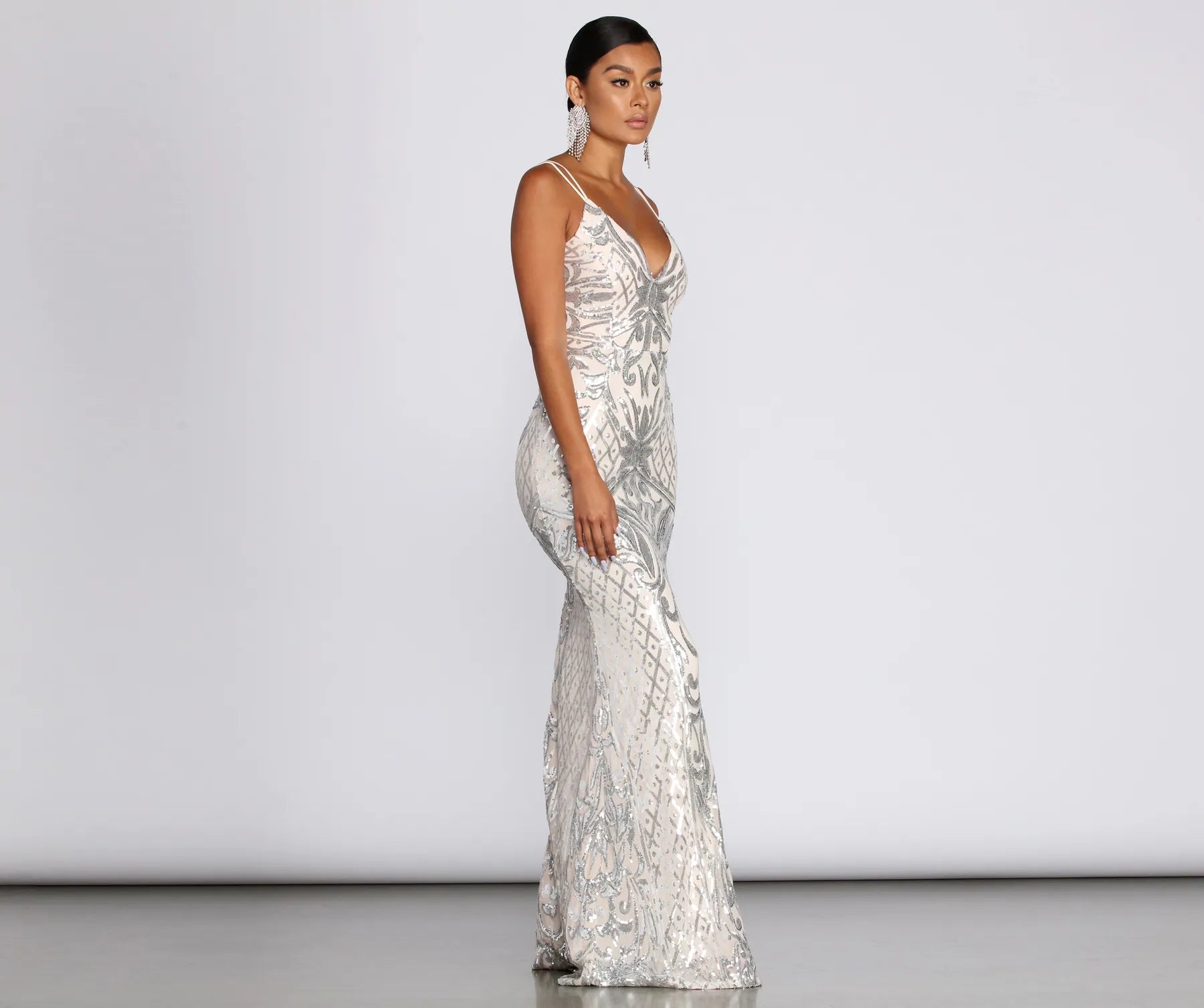 Ginger Sequin Mesh Strappy Gown - SILVER