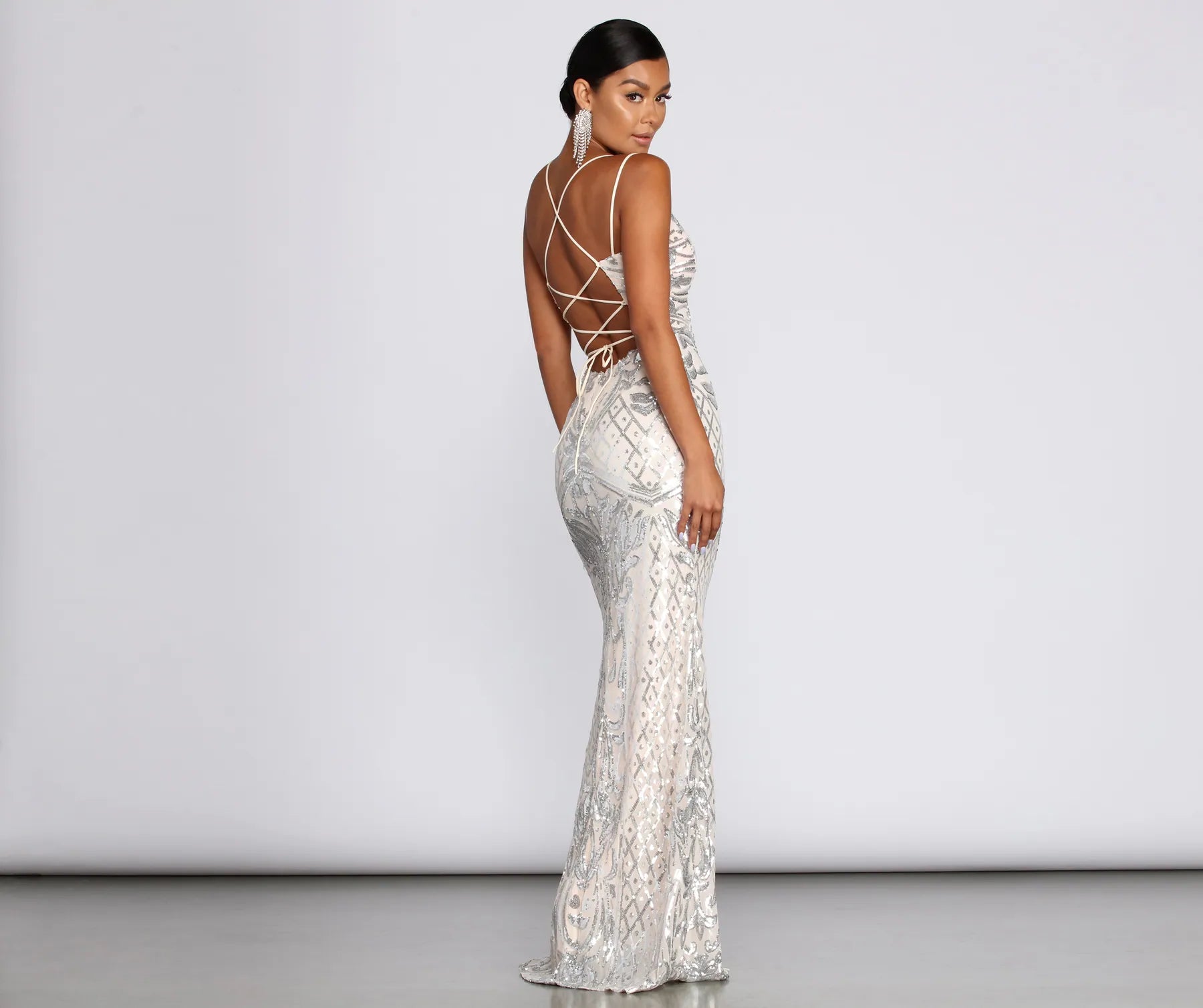 Ginger Sequin Mesh Strappy Gown - SILVER