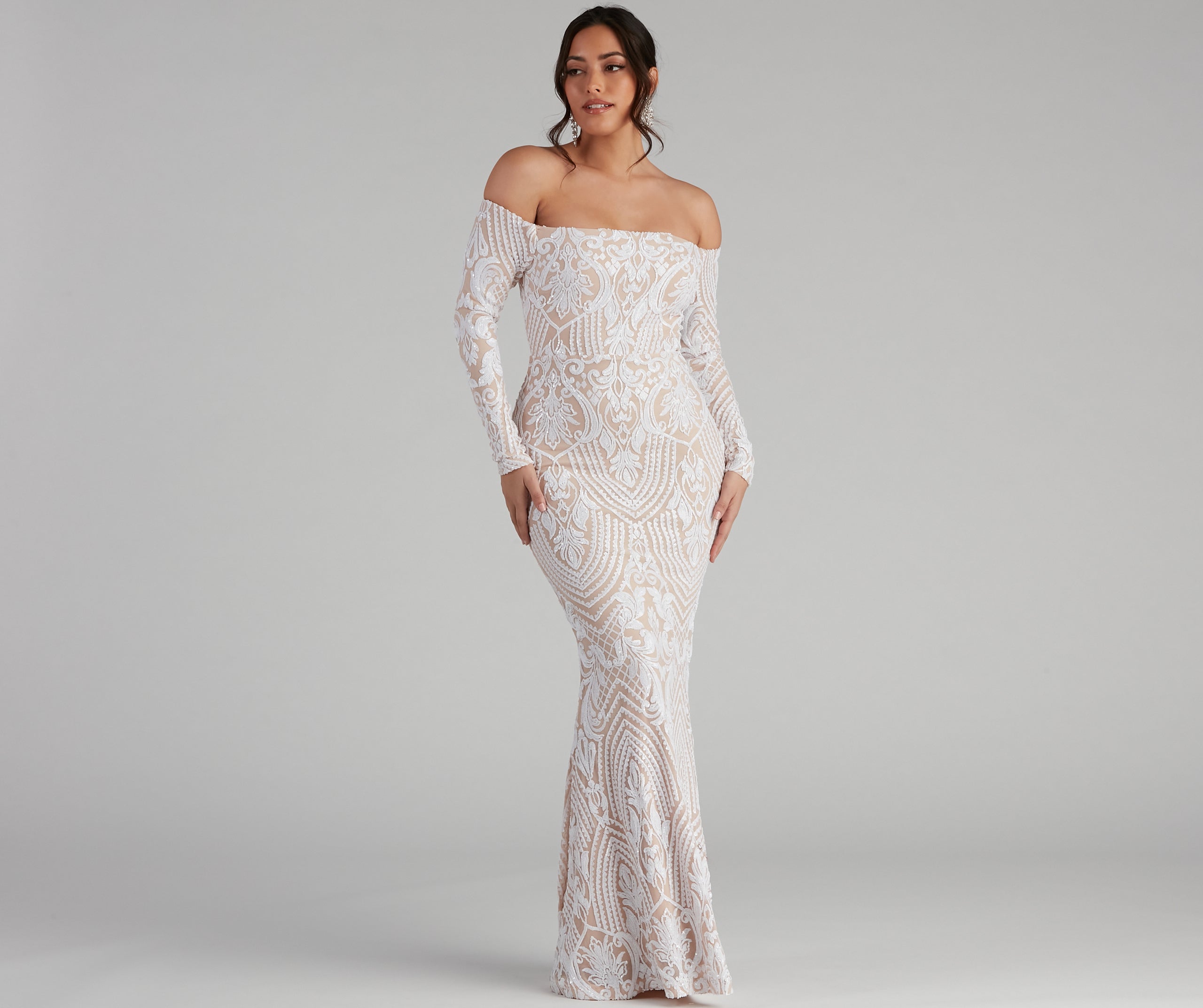 Sierra Sequin Off The Shoulder Formal Dress - WHITE