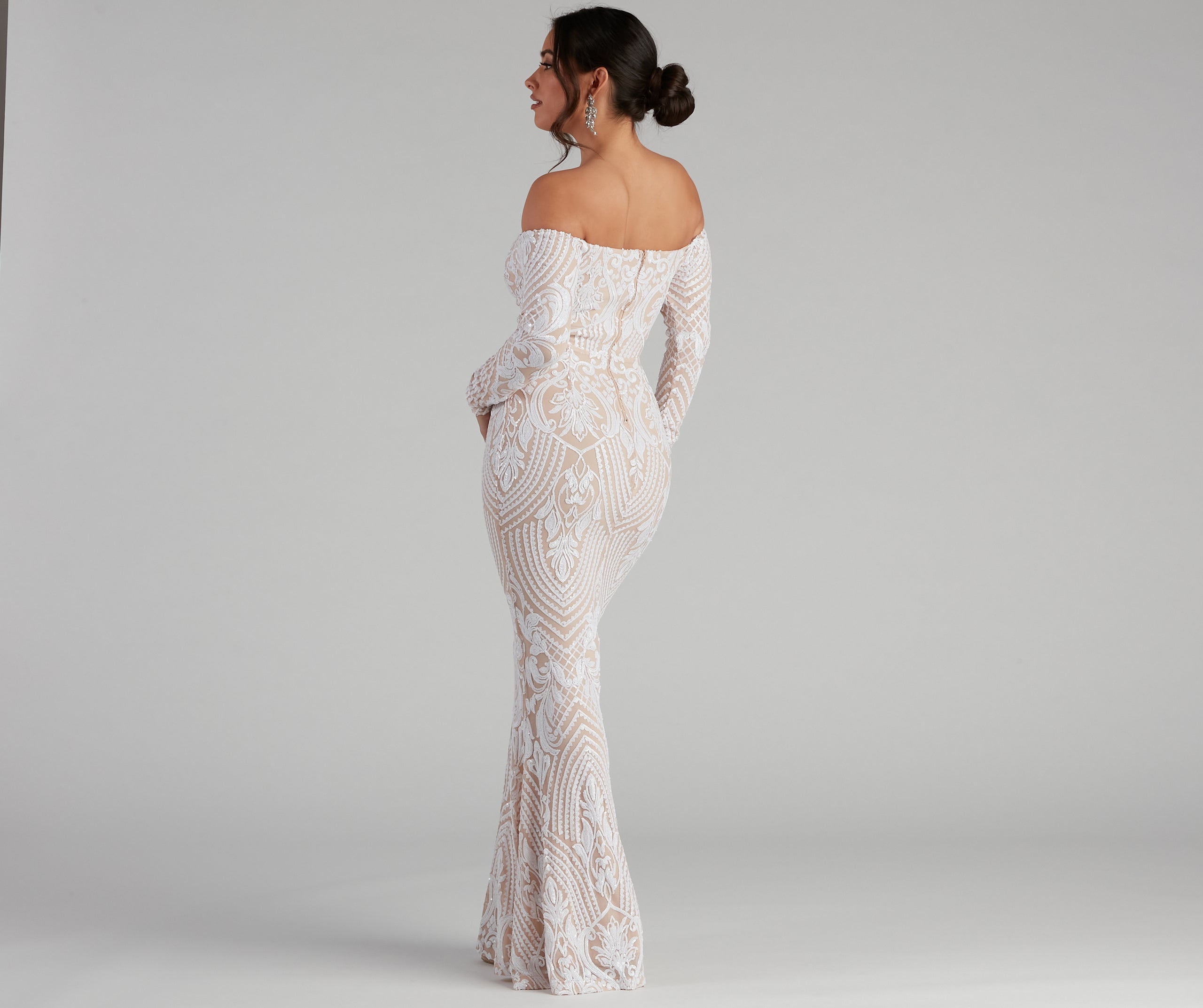Sierra Sequin Off The Shoulder Formal Dress - WHITE