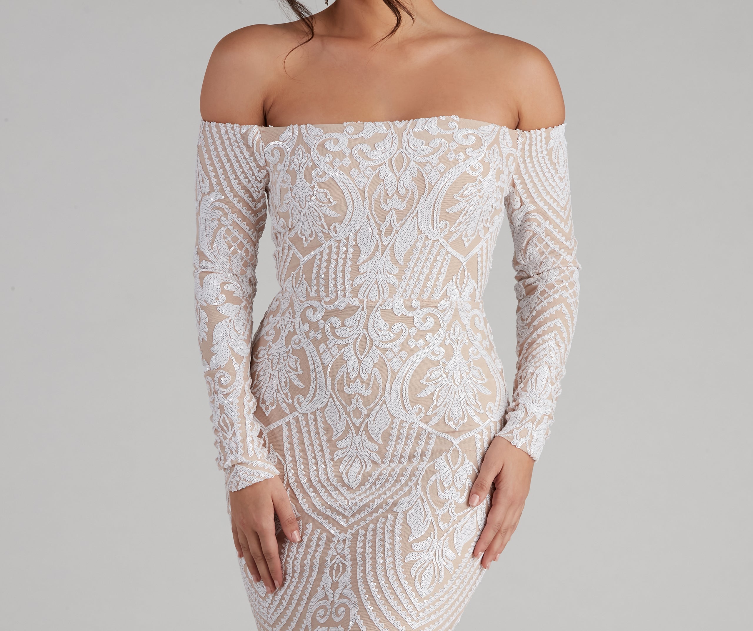 Sierra Sequin Off The Shoulder Formal Dress - WHITE