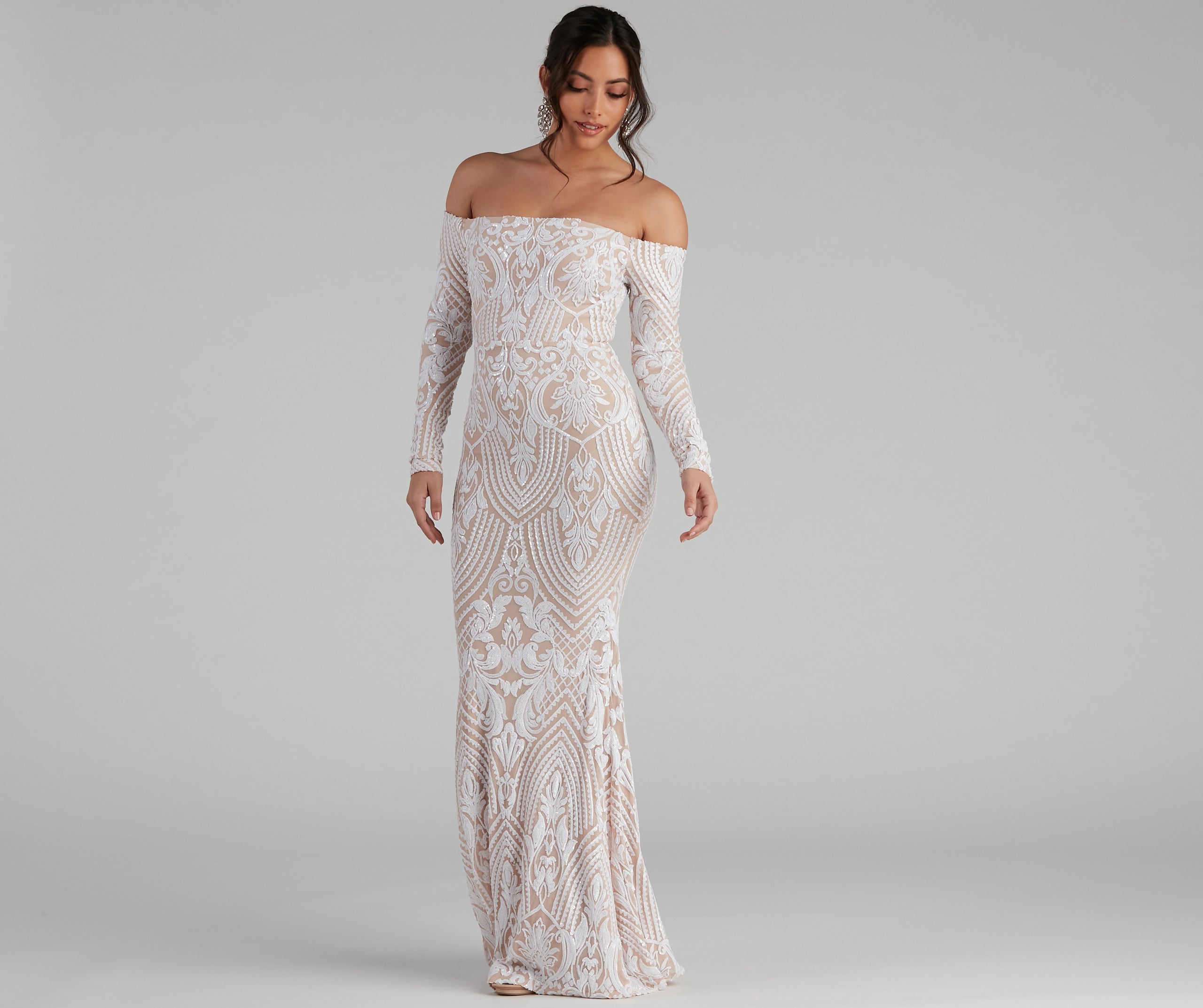 Sierra Sequin Off The Shoulder Formal Dress - WHITE