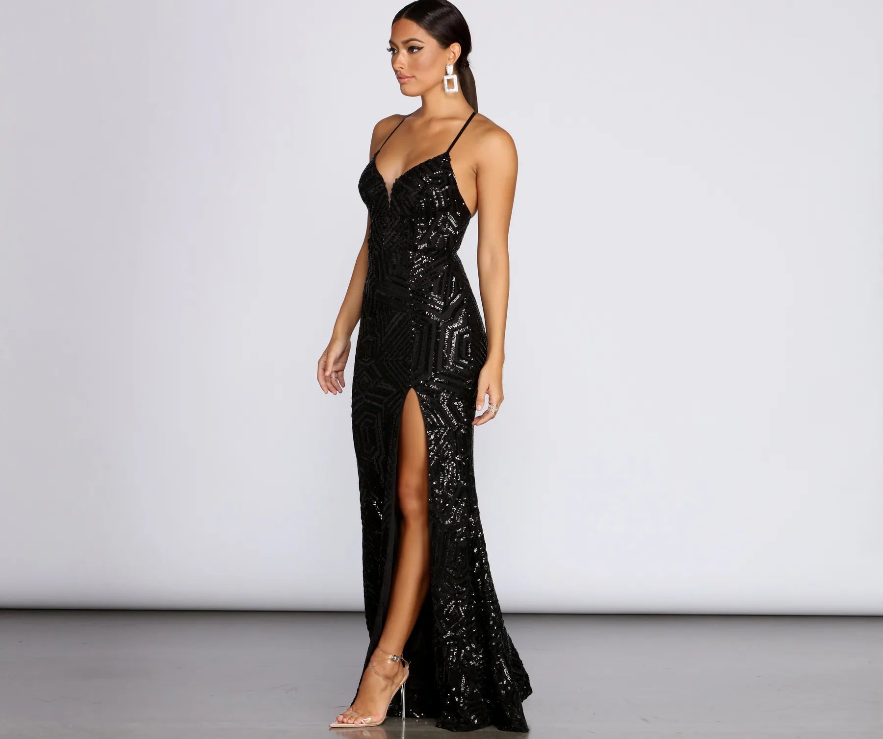 Deirdre Sequin Mesh Slit Gown - BLACK