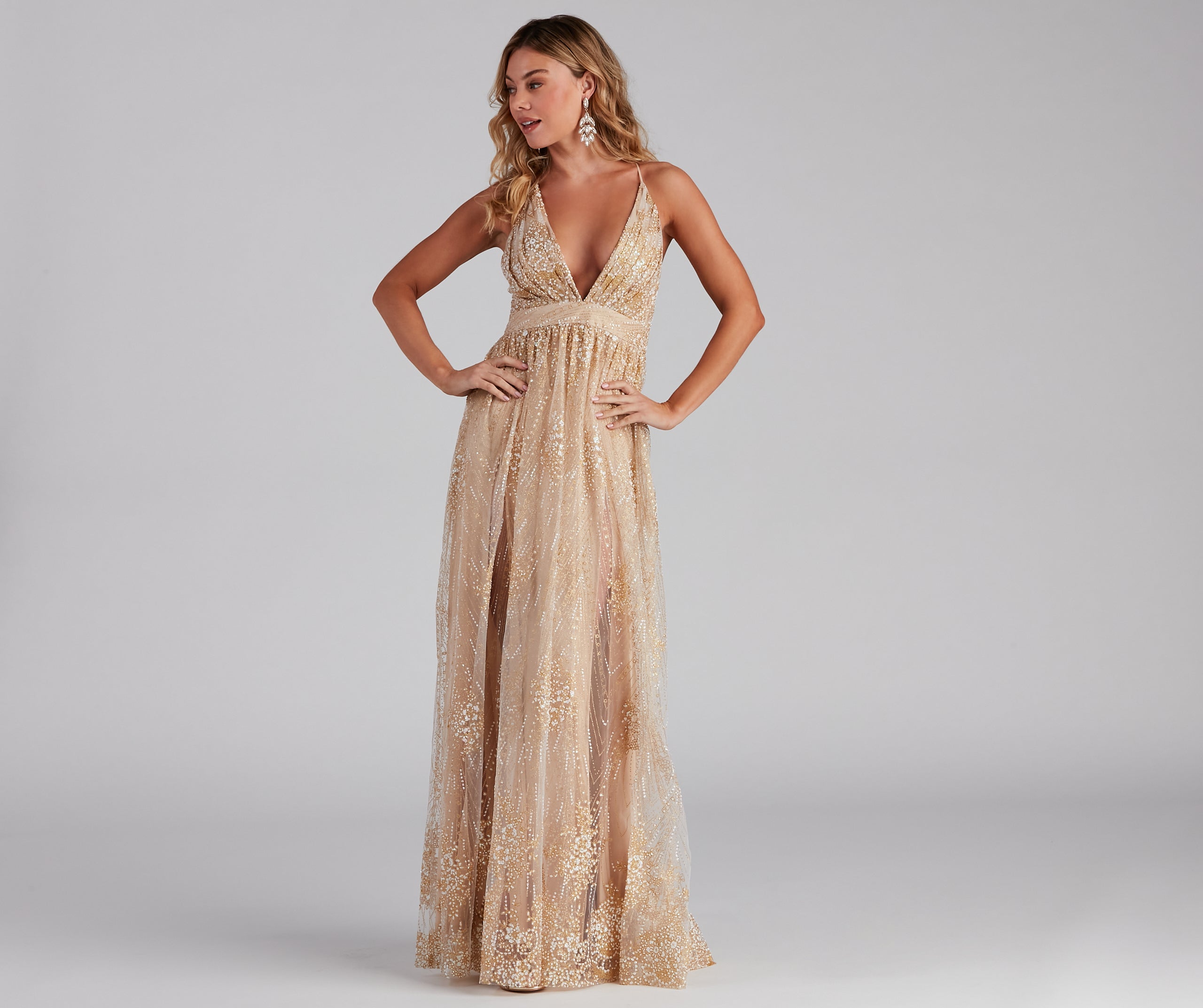 Mona Formal Plunging Glitter Dress - GOLD