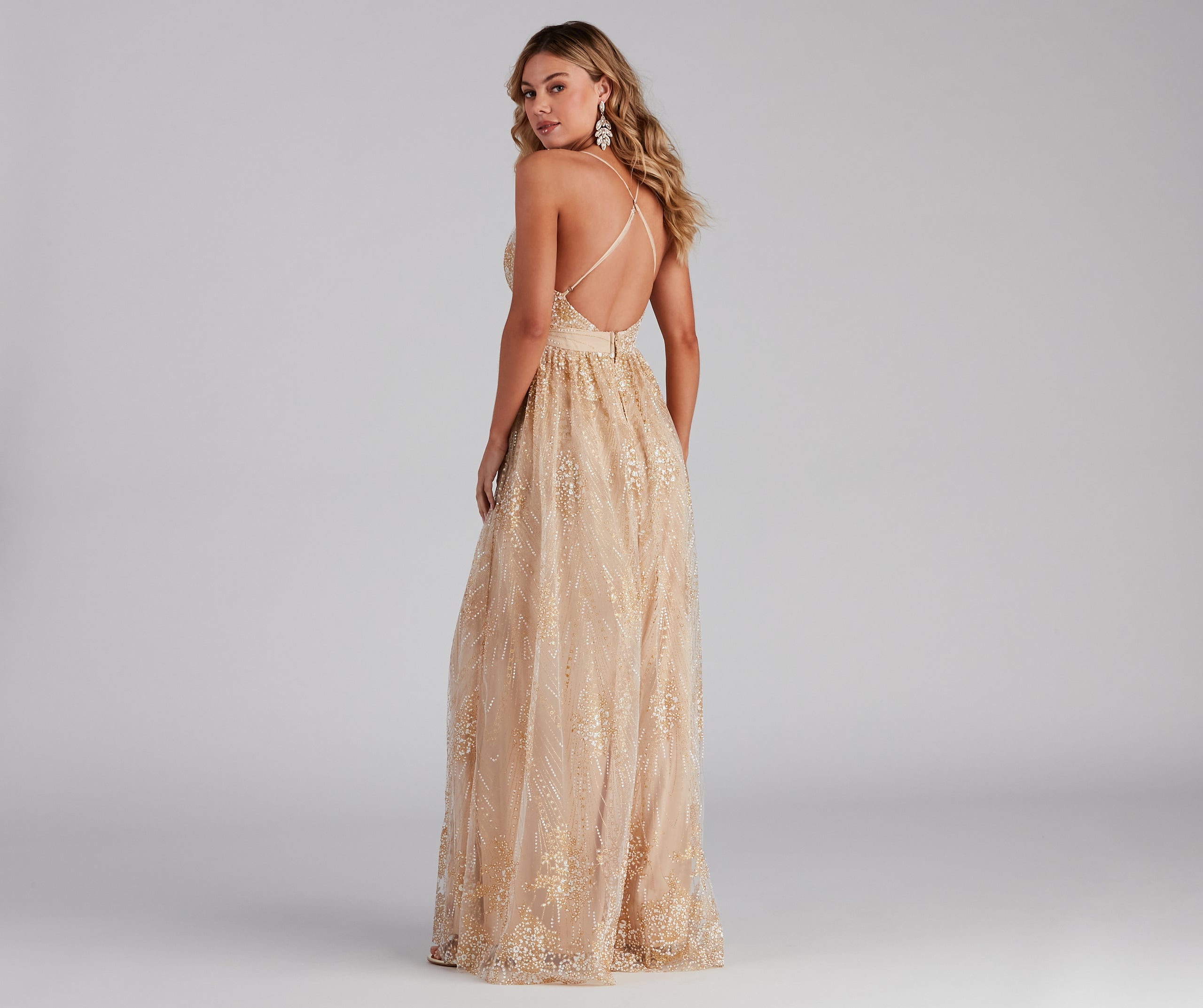 Mona Formal Plunging Glitter Dress - GOLD