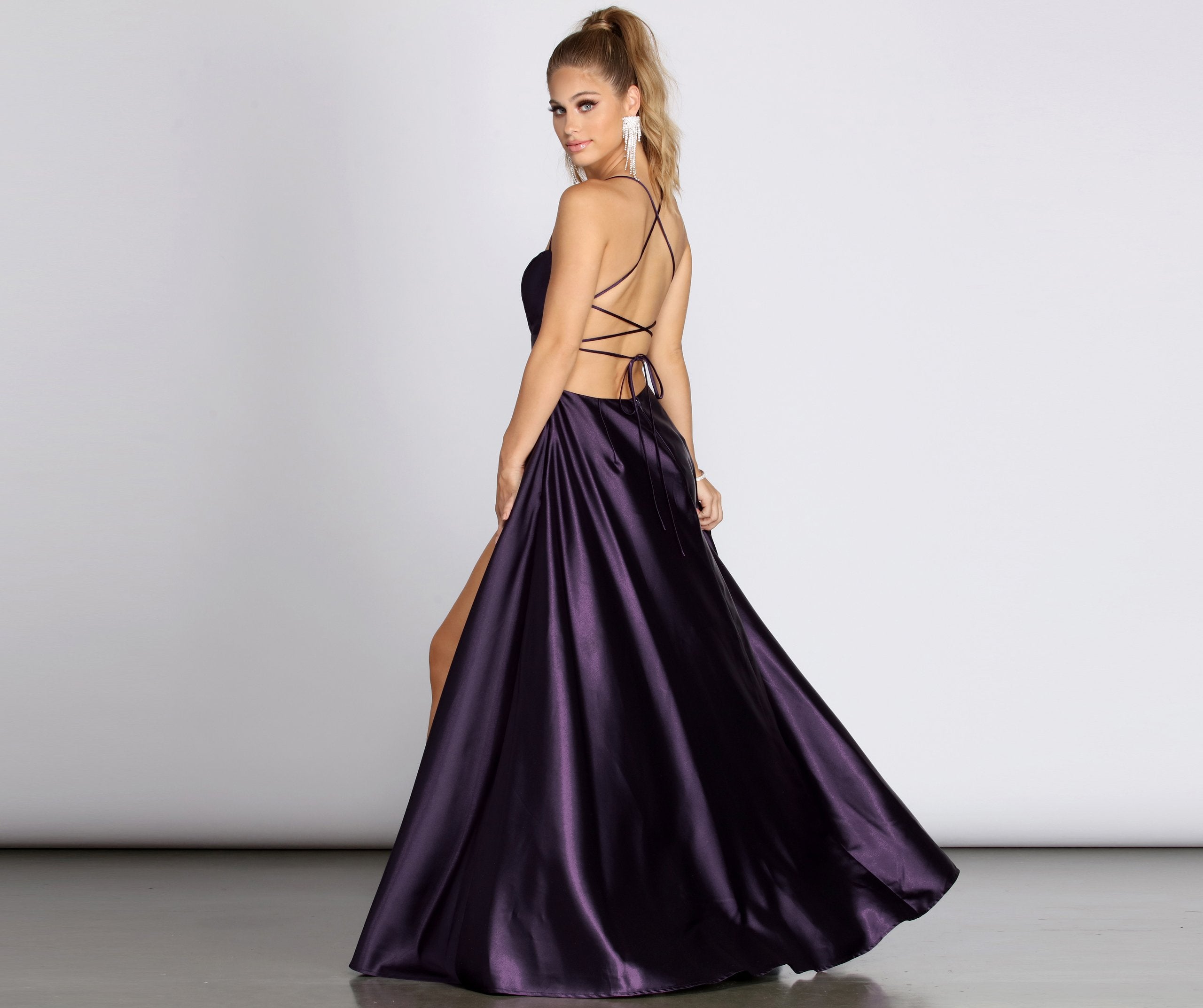 Anne Formal Lattice Satin Dress - EGGPLANT