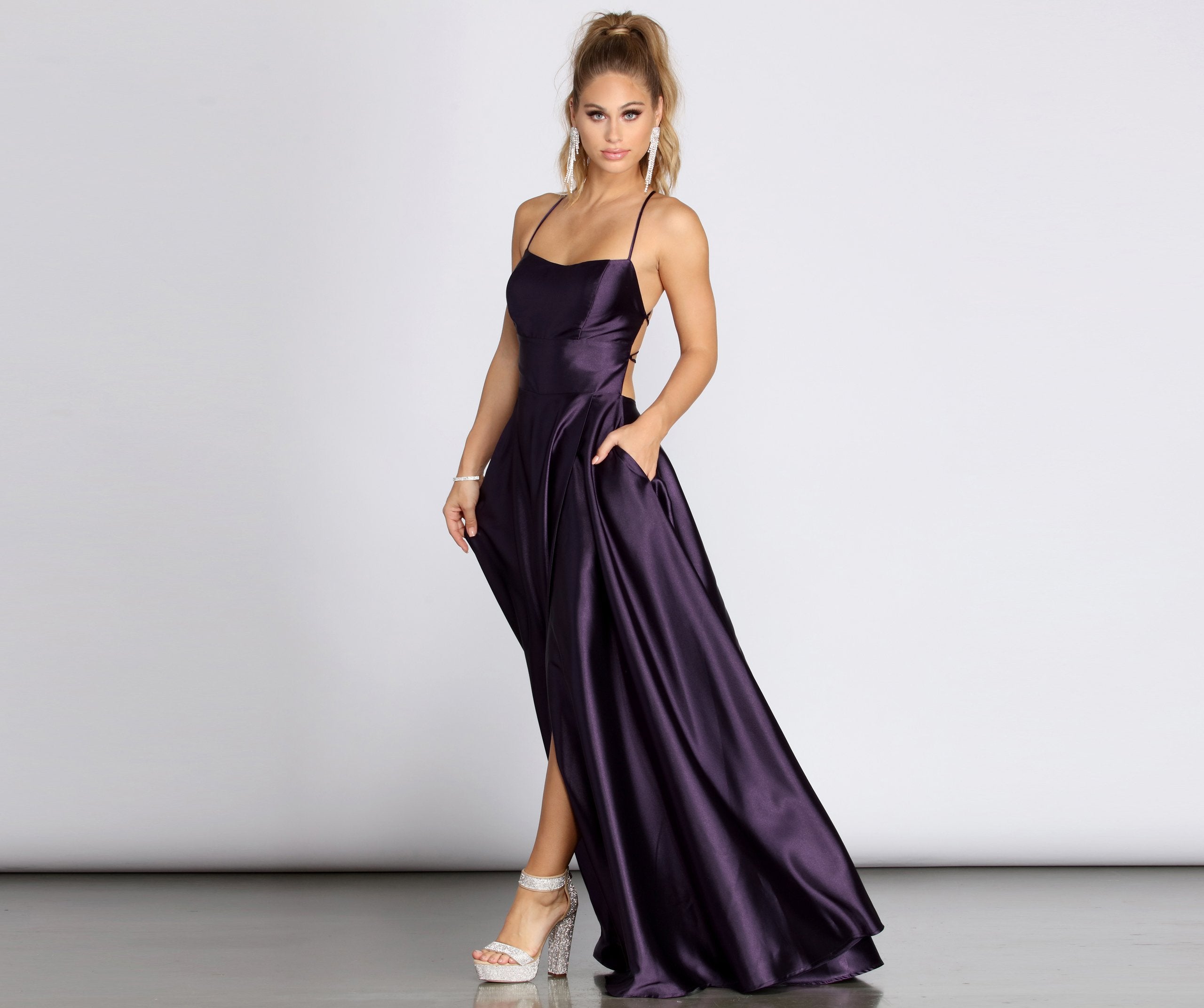 Anne Formal Lattice Satin Dress - EGGPLANT