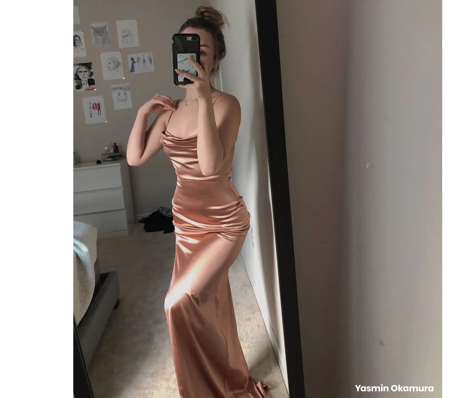 Lola High Slit Satin Dress - ROSE GOLD