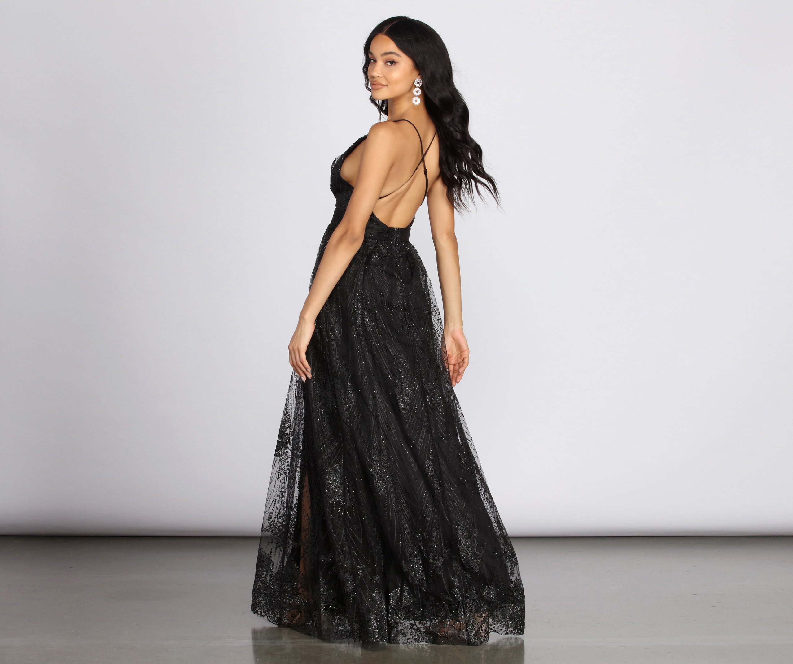 Mona Formal Plunging Glitter Dress - BLACK